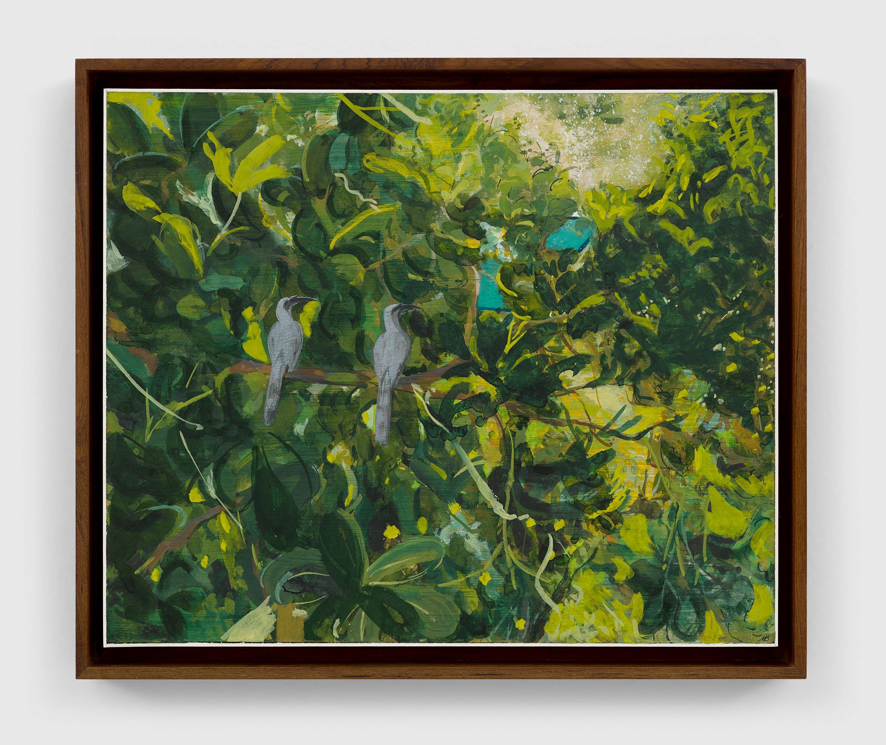 A casein on board painting by Mahesh Baliga, titled Visitors, dated 2022.