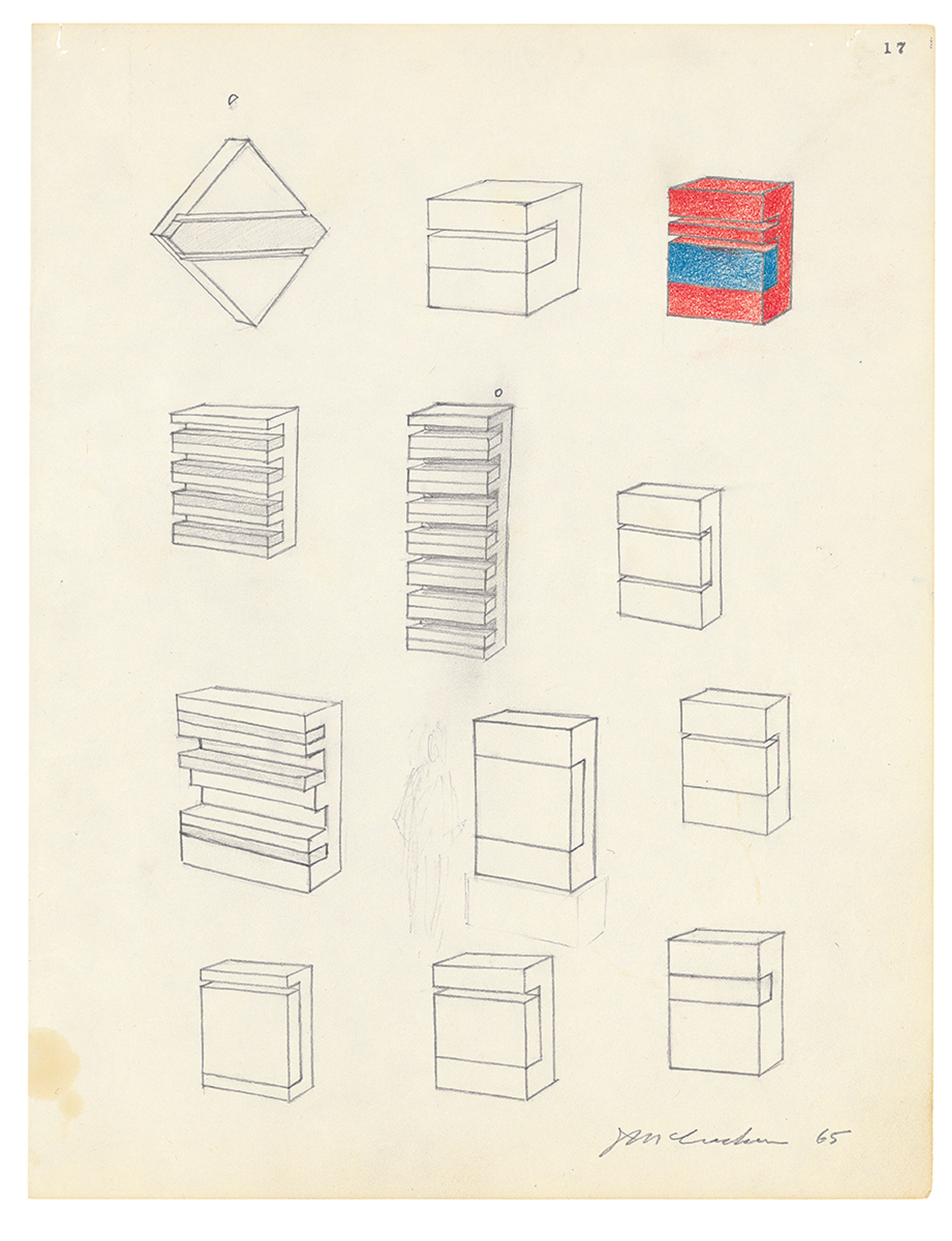 A pencil drawing on paper by John McCracken, titled Untitled (page 17), dated 1965.