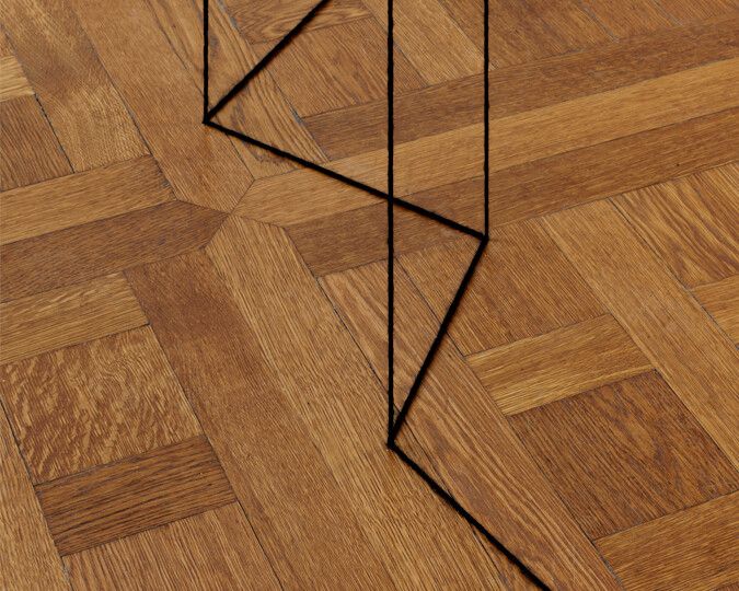 A detail of Fred Sandback, Untitled (Sculptural Study, Points Determining a Random Folding of an Imaginary Plane), circa 1977/2022 