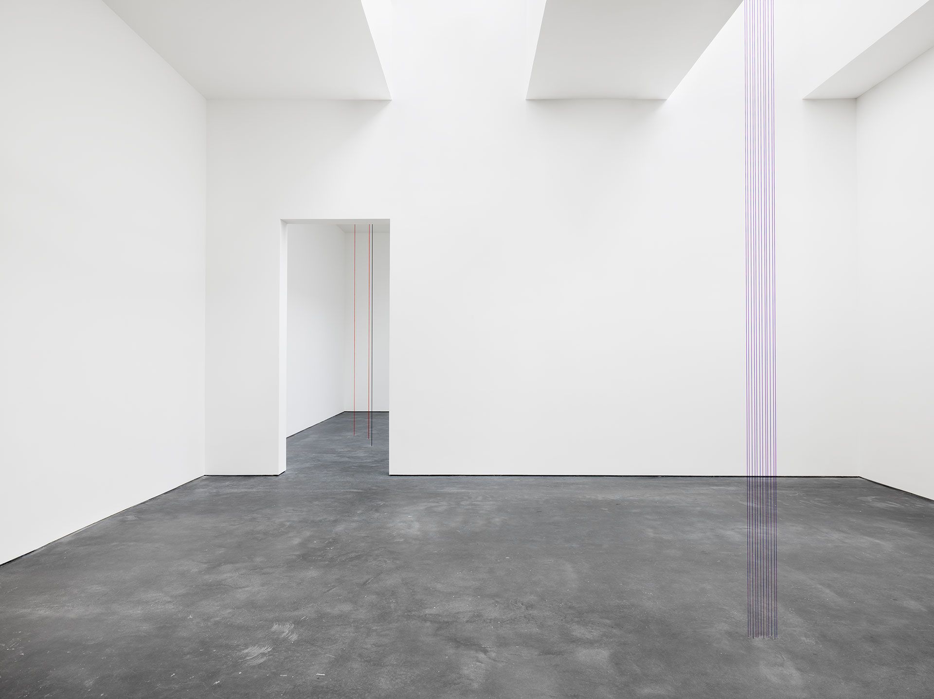 An installation view of the exhibition Fred Sandback: Vertical Constructions, at David Zwirner New York, dated 2016.