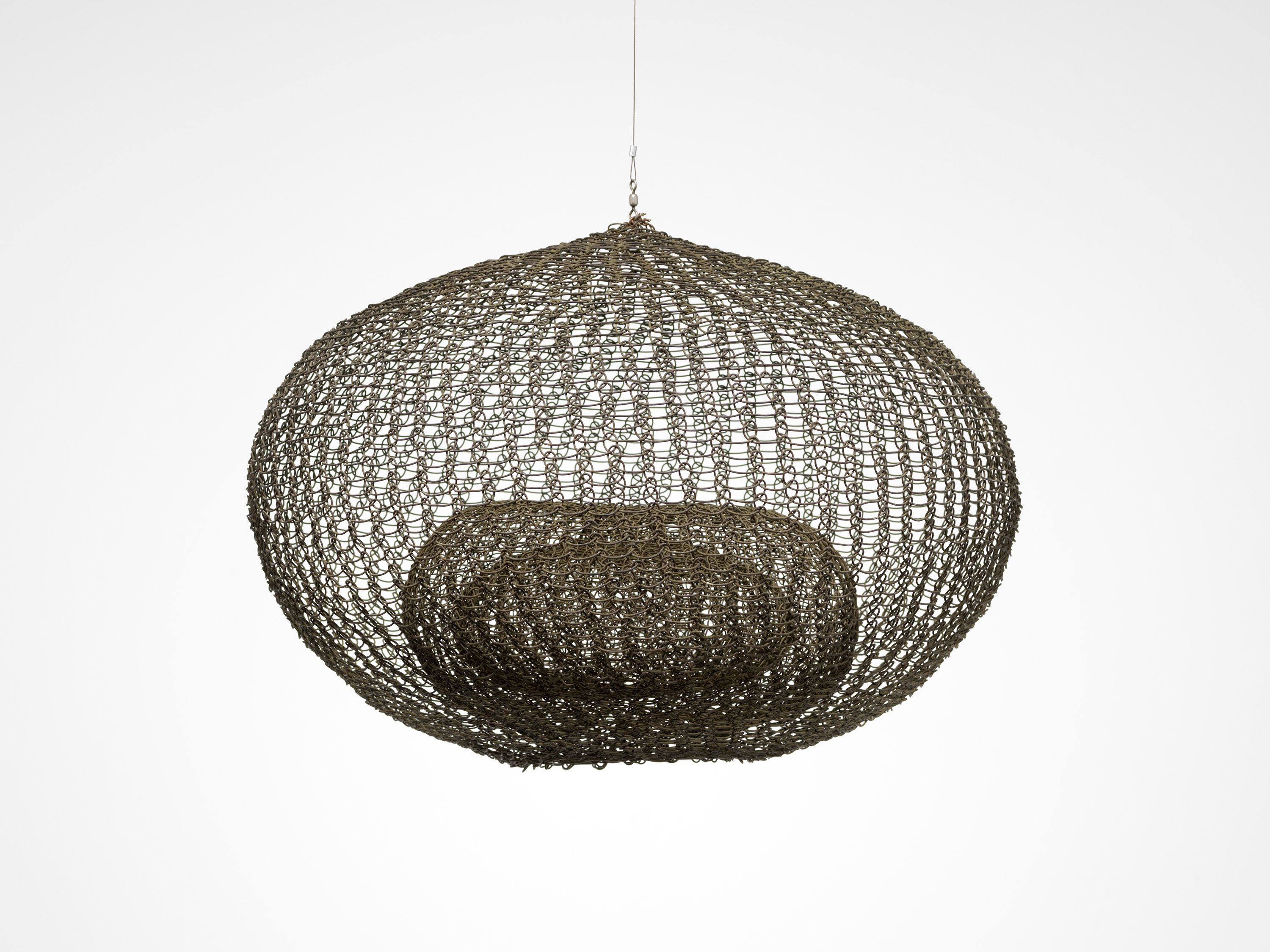 A hanging sculpture—brass wire artwork by Ruth Asawa, titled Untitled (S.169, Hanging Single-Lobed, Three-Layer Continuous Form within a Form), circa 1958.
