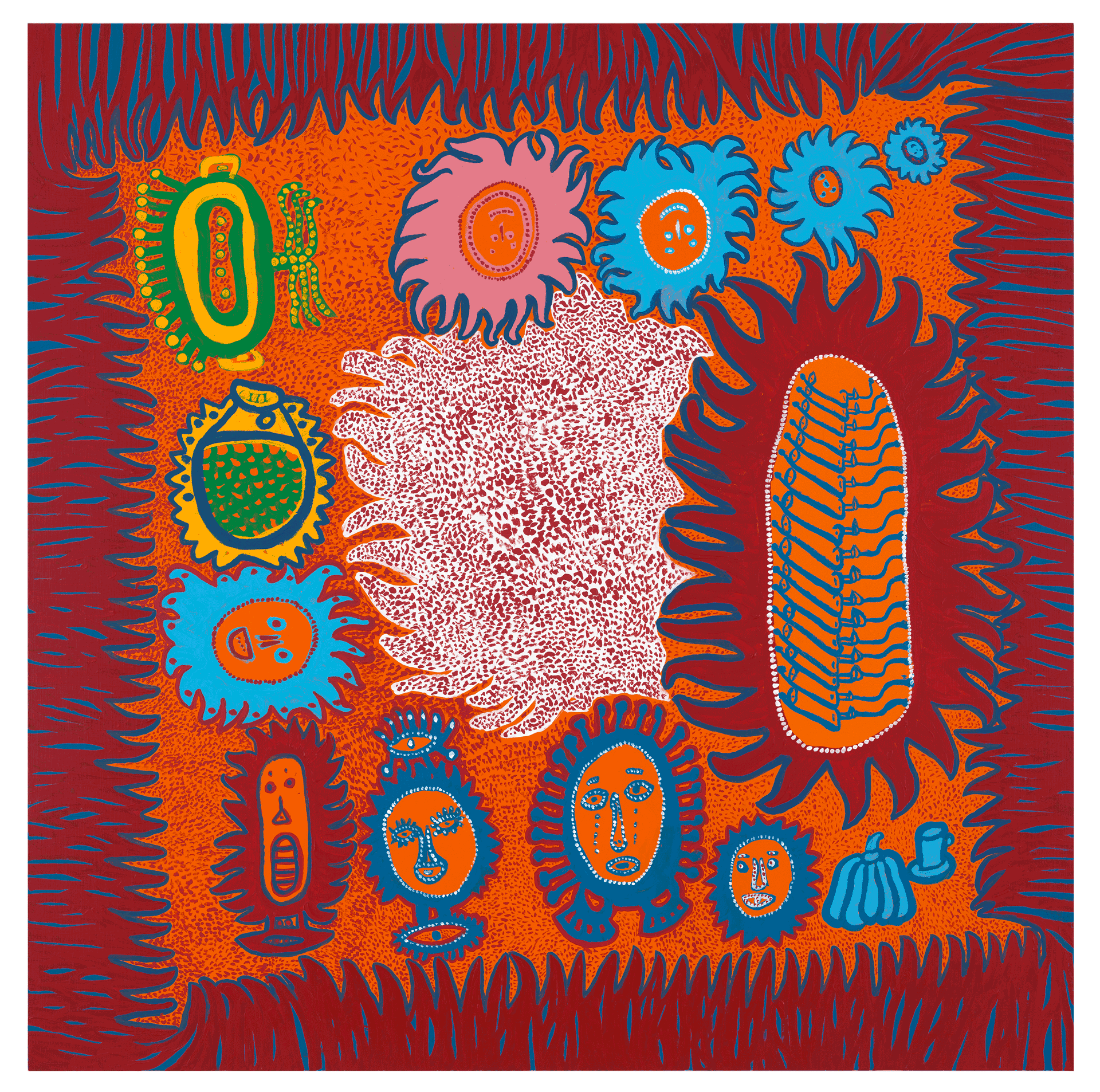 A painting by Yayoi Kusama, titled Flowers in a Memory, dated 2013.