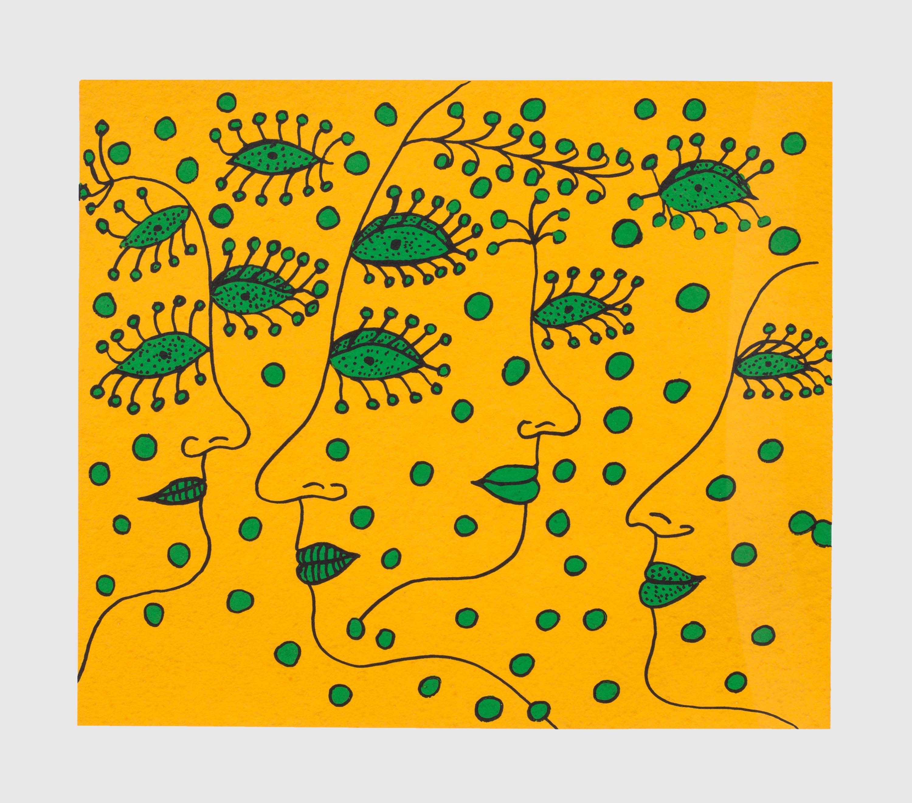 A silkscreen print and etching by Yayoi Kusama, titled Women Wishing for Peace, dated 2011.