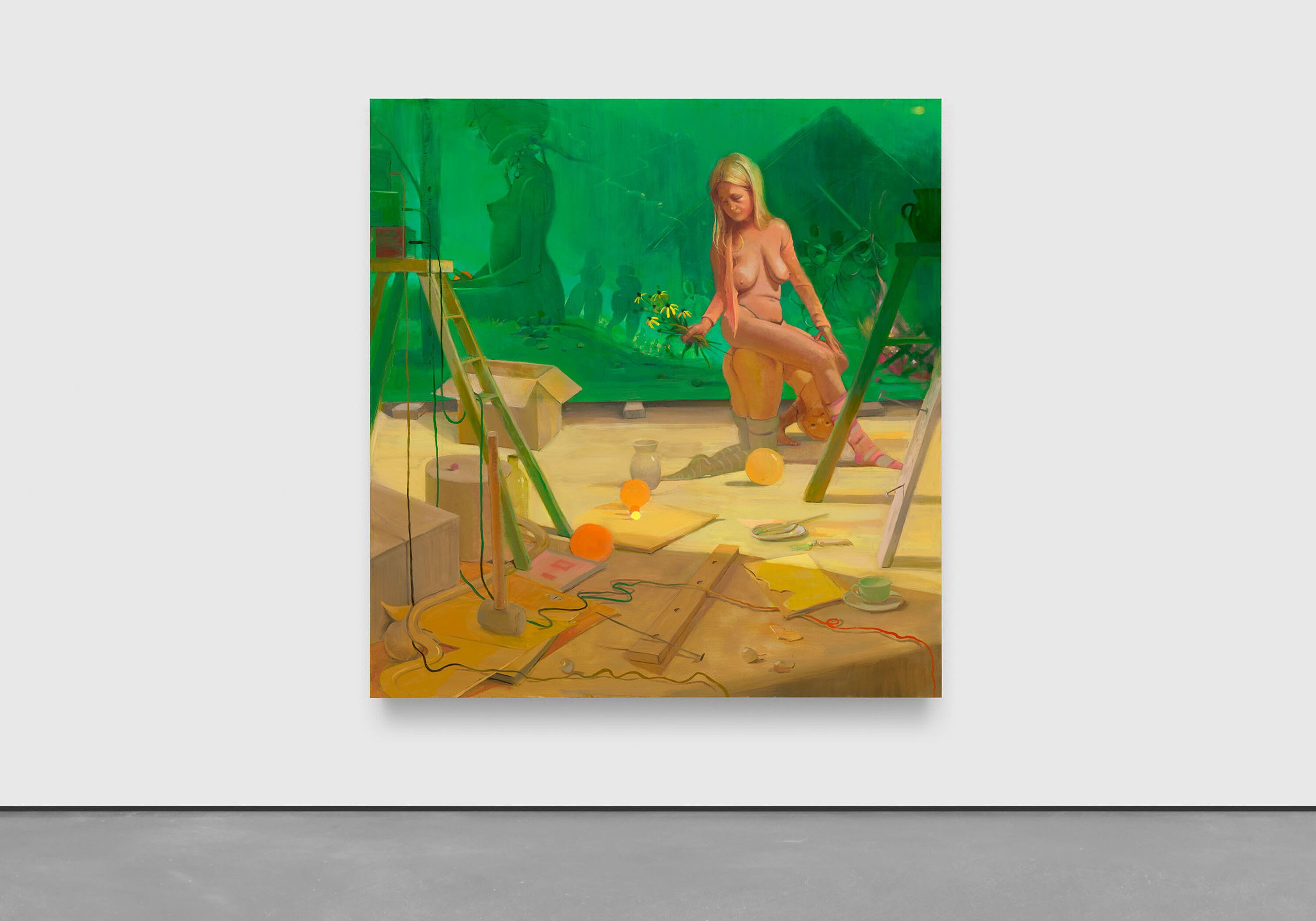 A painting by Lisa Yuskavage, titled Rendez-vous (boschmademedoit), dated 2023.
