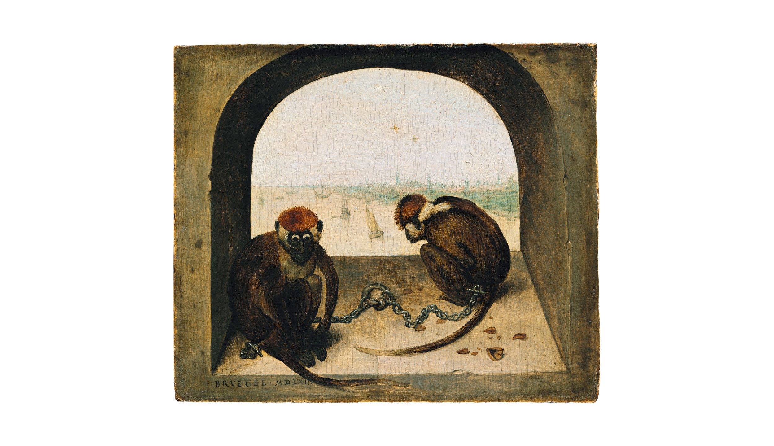 A painting by Peter Breugel the Elder, titled Two Chained Monkeys, dated 1562