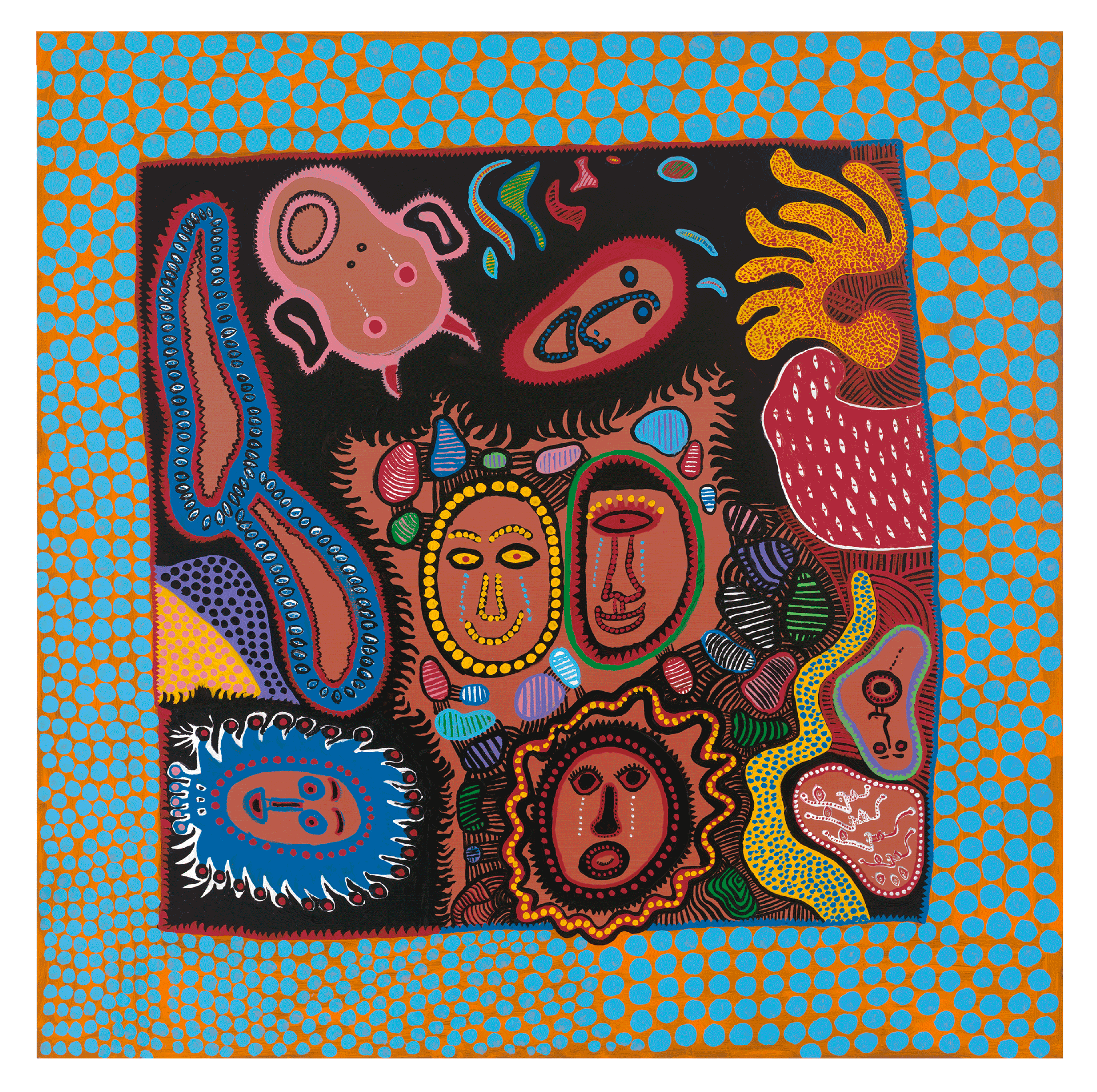 A painting by Yayoi Kusama, titled I WHO CRY IN THE FLOWERING SEASON, dated 2015.