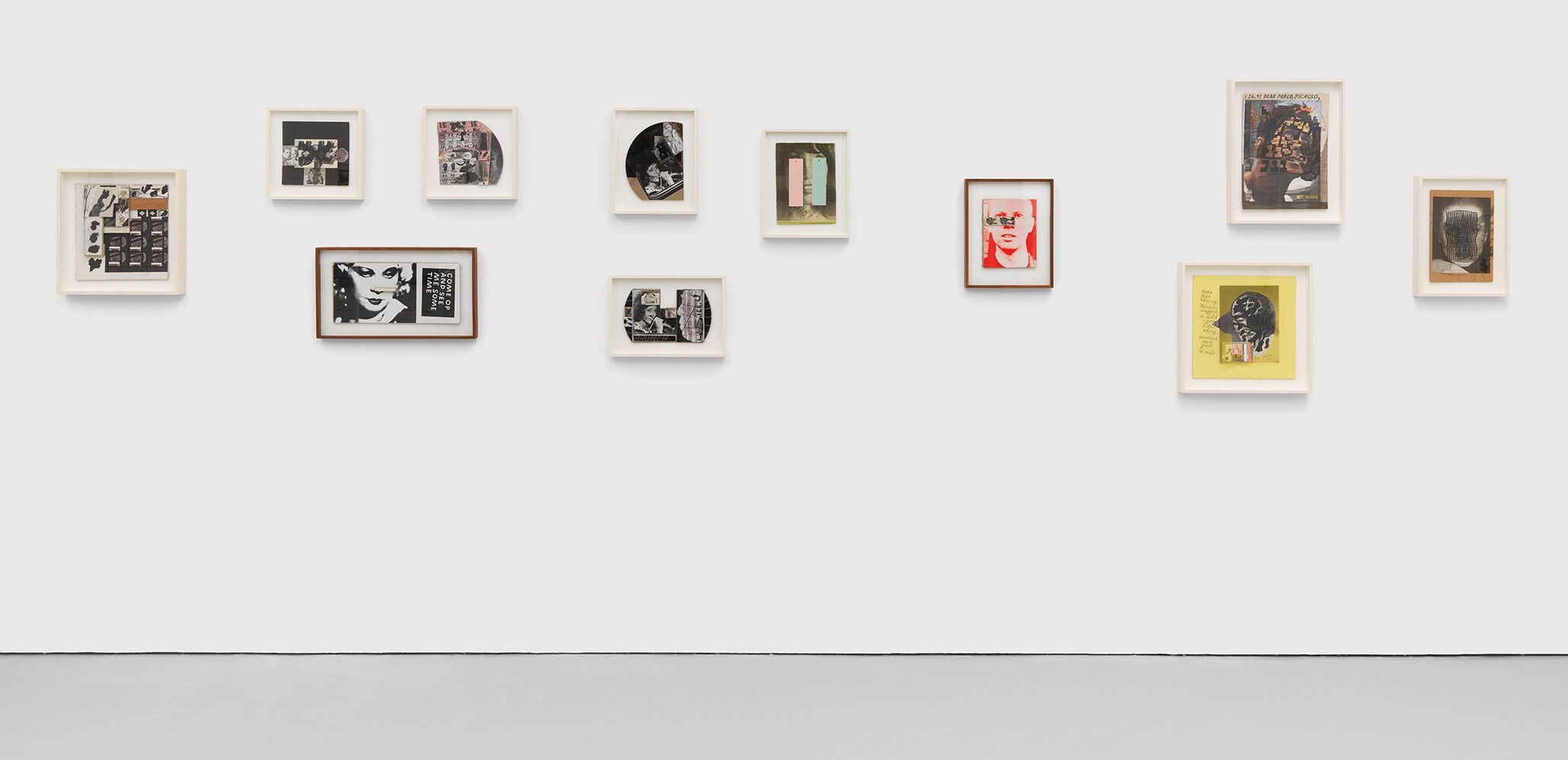 An installation view of an exhibition titled Ray Johnson: WHAT A DUMP at David Zwirner, New York, in 2021.