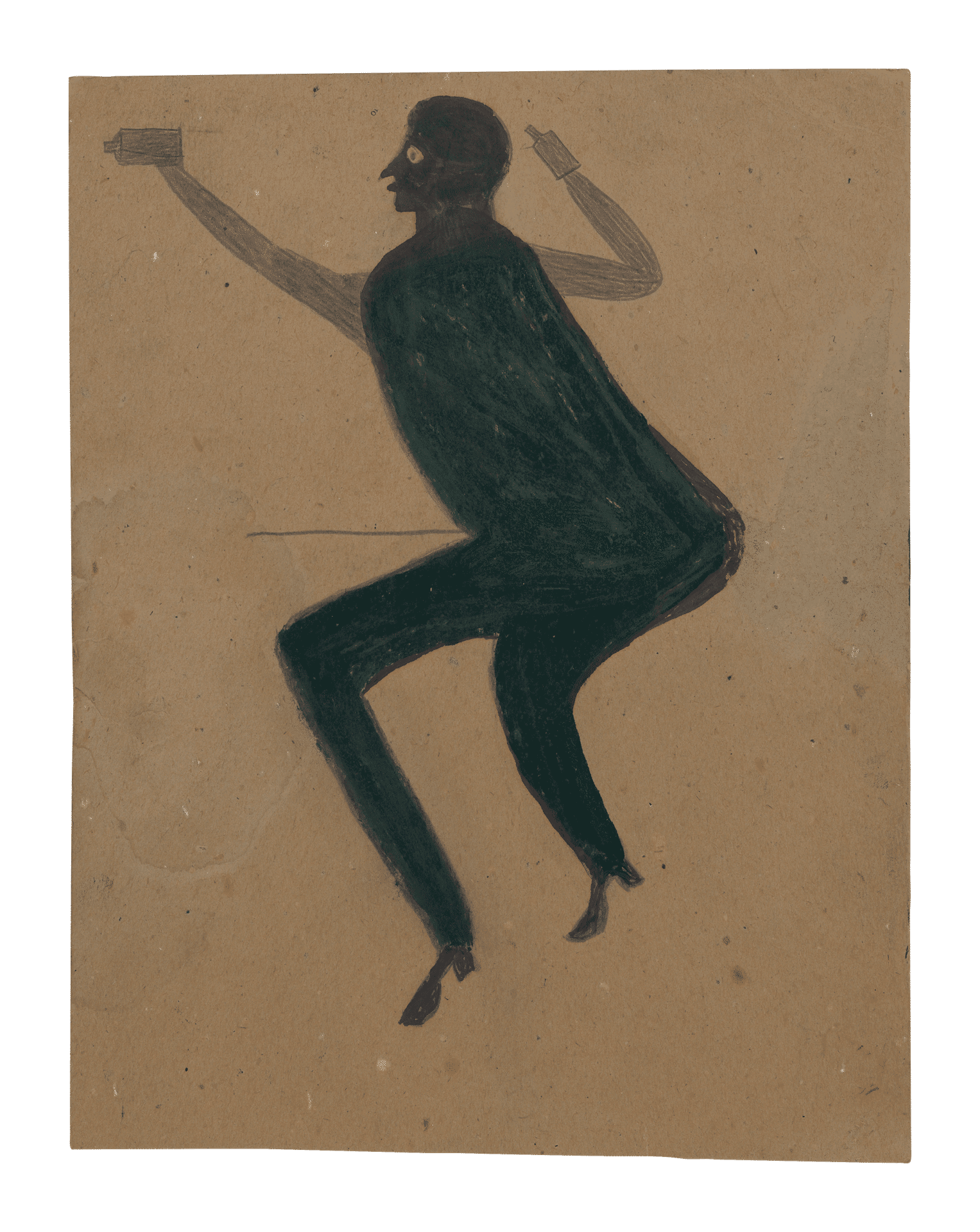 A mixed media work on cardboard by Bill Traylor, titled Green Man with Two Bottles, 1939 to 1942.