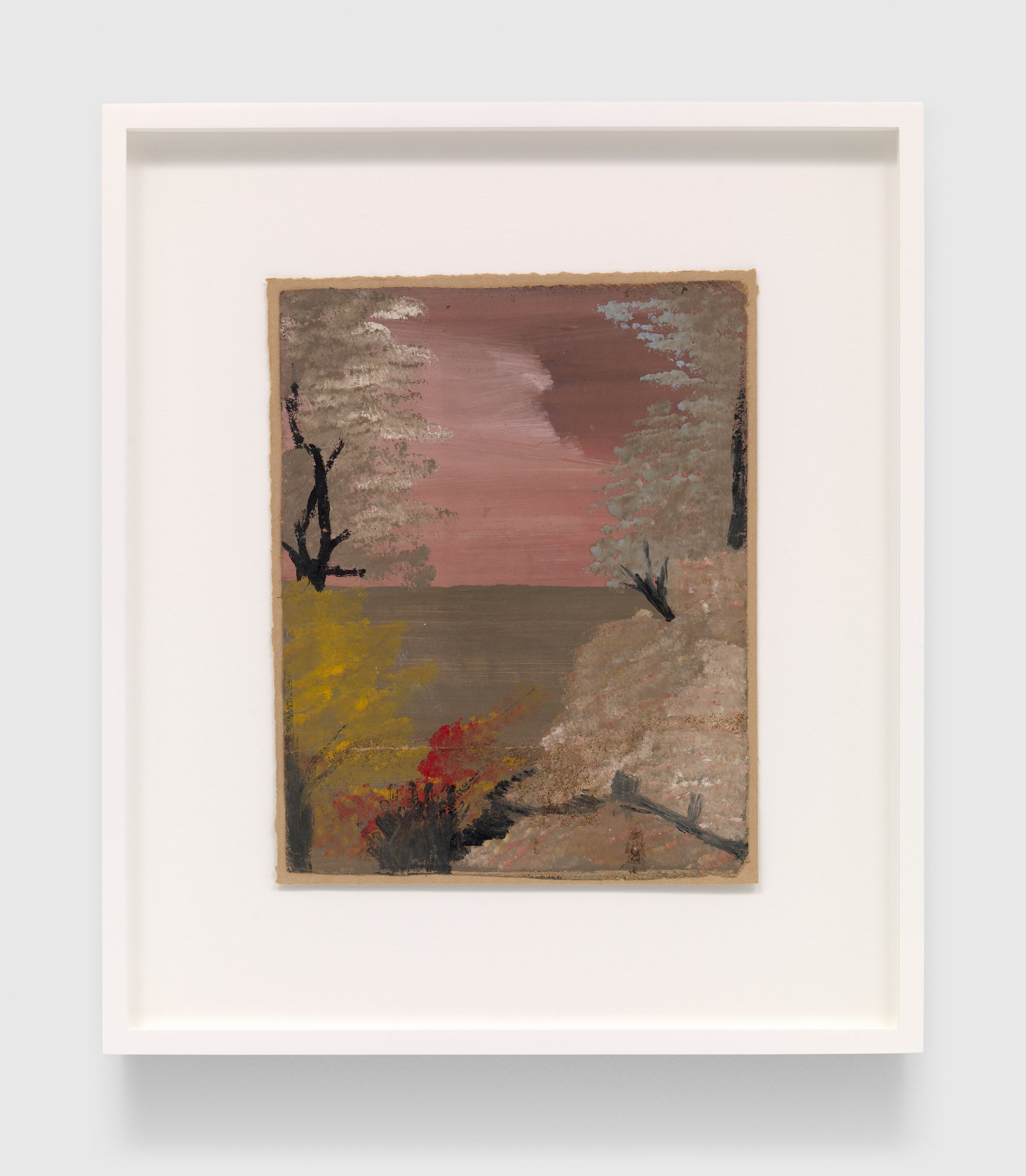 A painting by Frank Walter, called Untitled (Pink Sky, Grey Trees, Beige Sea), n.d.