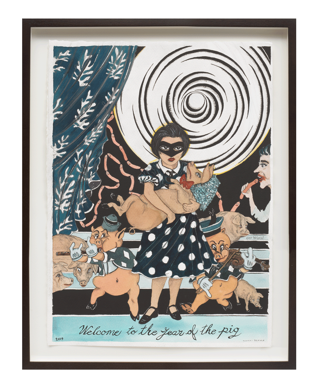 A work on paper by Marcel Dzama, titled, Welcome to the year of the pig, dated 2018.