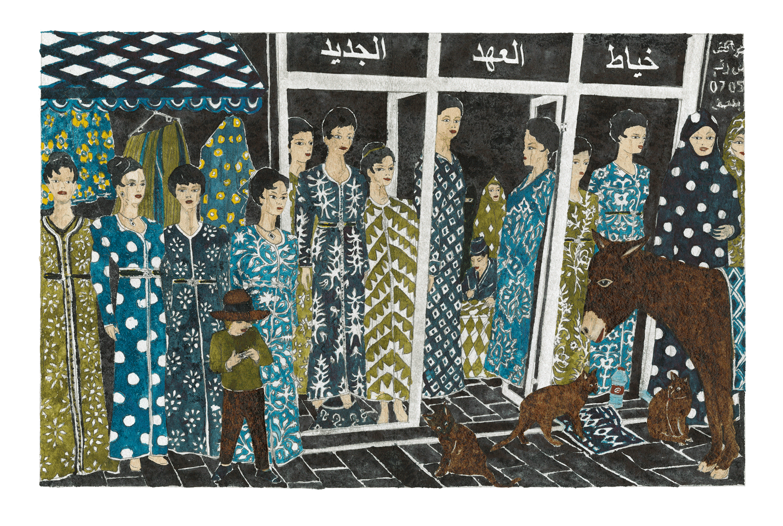 A work on paper by Marcel Dzama titled Store of women's kaftans in a market and my son with hat, dated 2018.