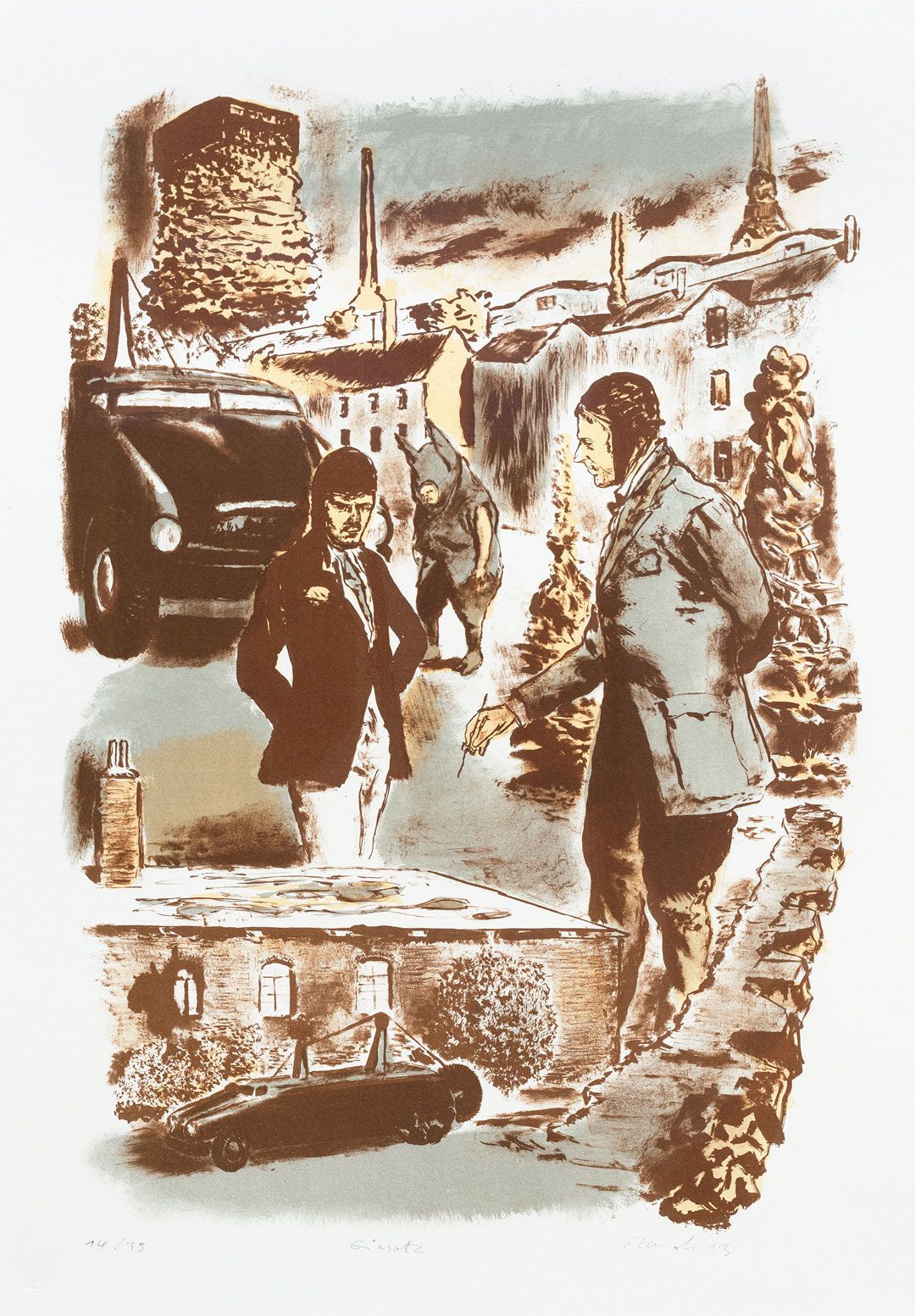 A print by Neo Rauch titled Einsatz, dated 2013