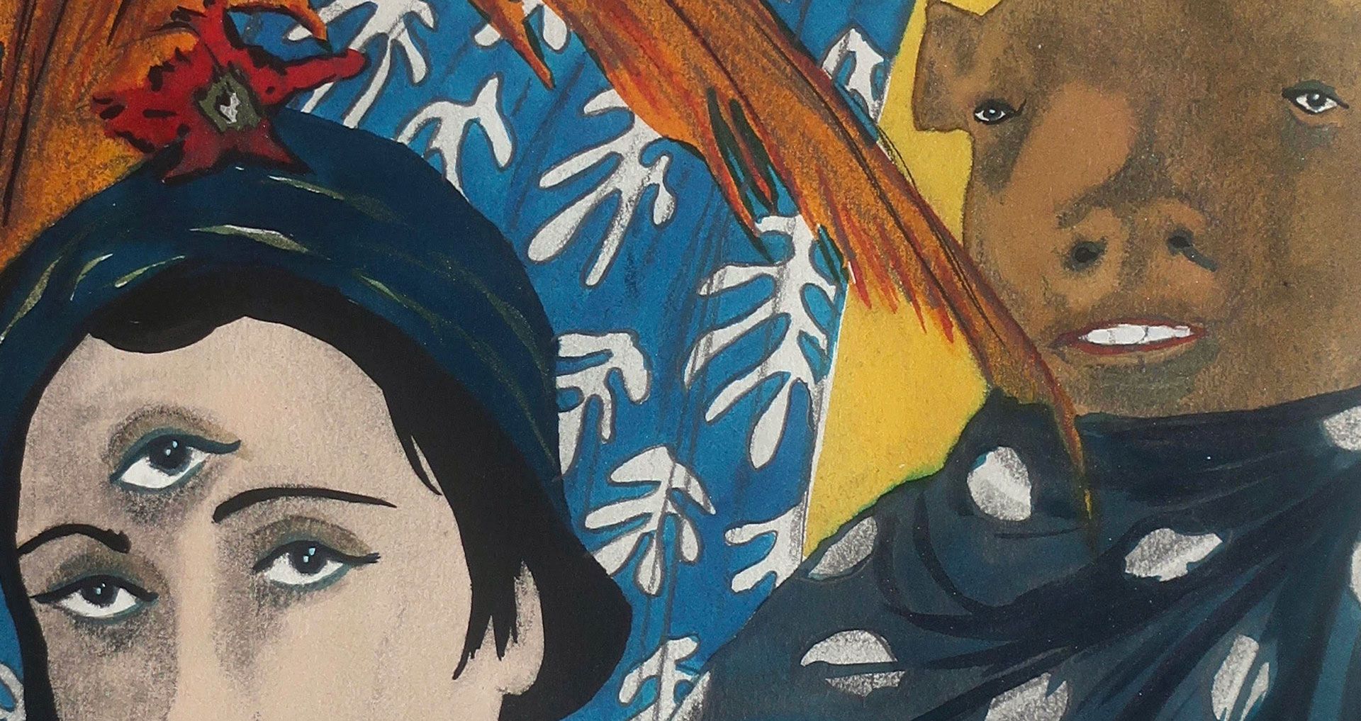A detail of a work on paper by Marcel Dzama titled I am her minotaur and she is my matador, dated 2020.