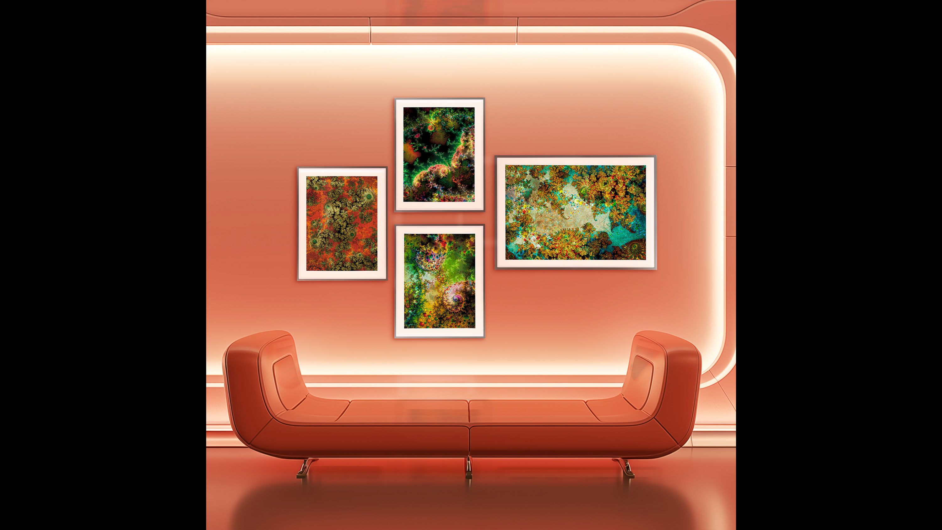 Installation views of Thomas Ruff prints rendered in an AI-generated living room
