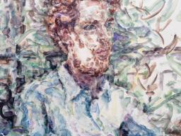 A detail of an oil on linen on board painting by Elizabeth Peyton, titled Nick at home (London), dated 2025.