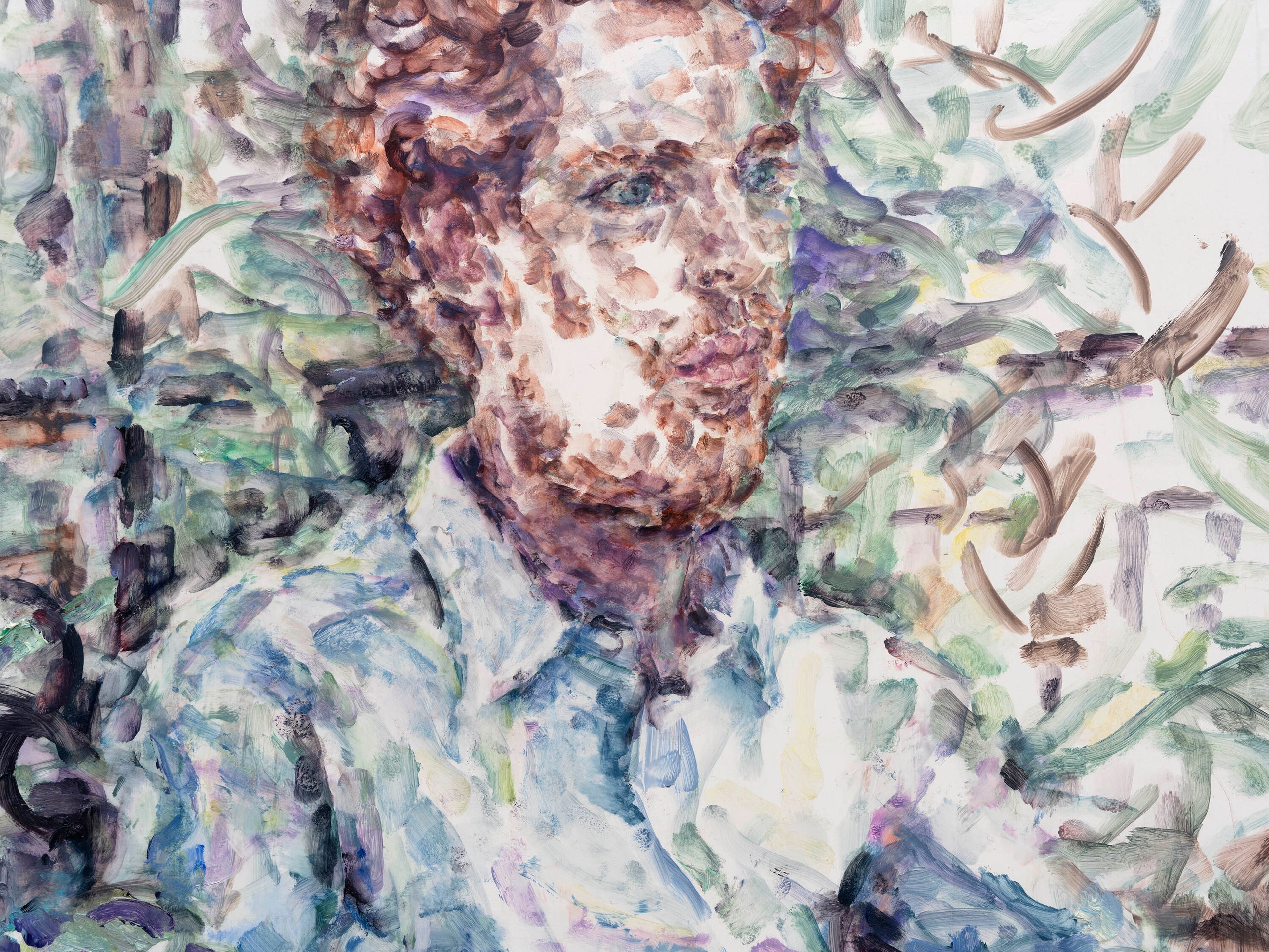 A detail of an oil on linen on board painting by Elizabeth Peyton, titled Nick at home (London), dated 2025.