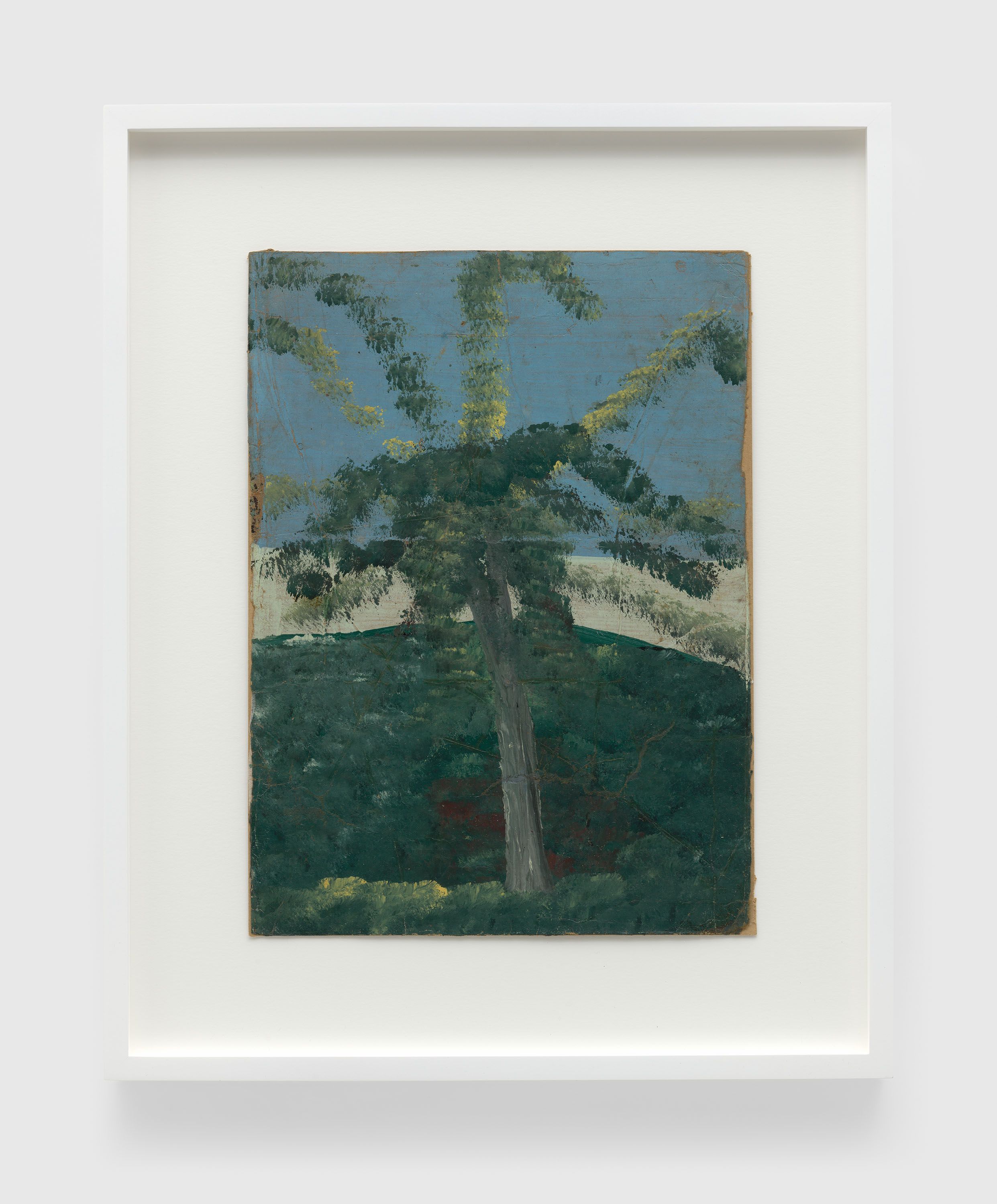 A painting on single-ply cardboard by Frank Walter, called Untitled (Tall Tree With Grey Foliage), n.d.