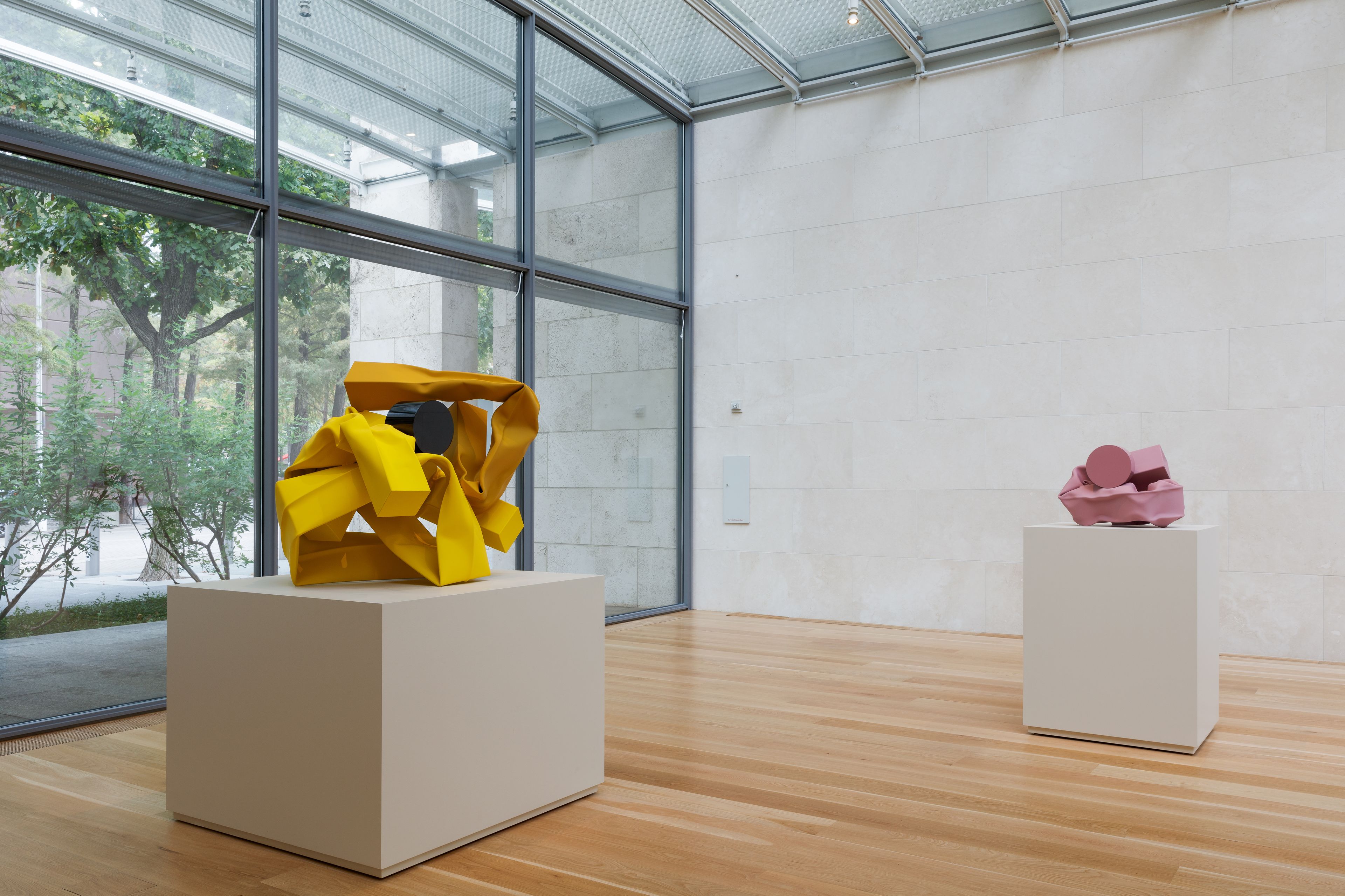 Installation view of the exhibition, Carol Bove: Collage Sculptures, at the Nasher Sculpture Center in Dallas, Texas, dated 2021.