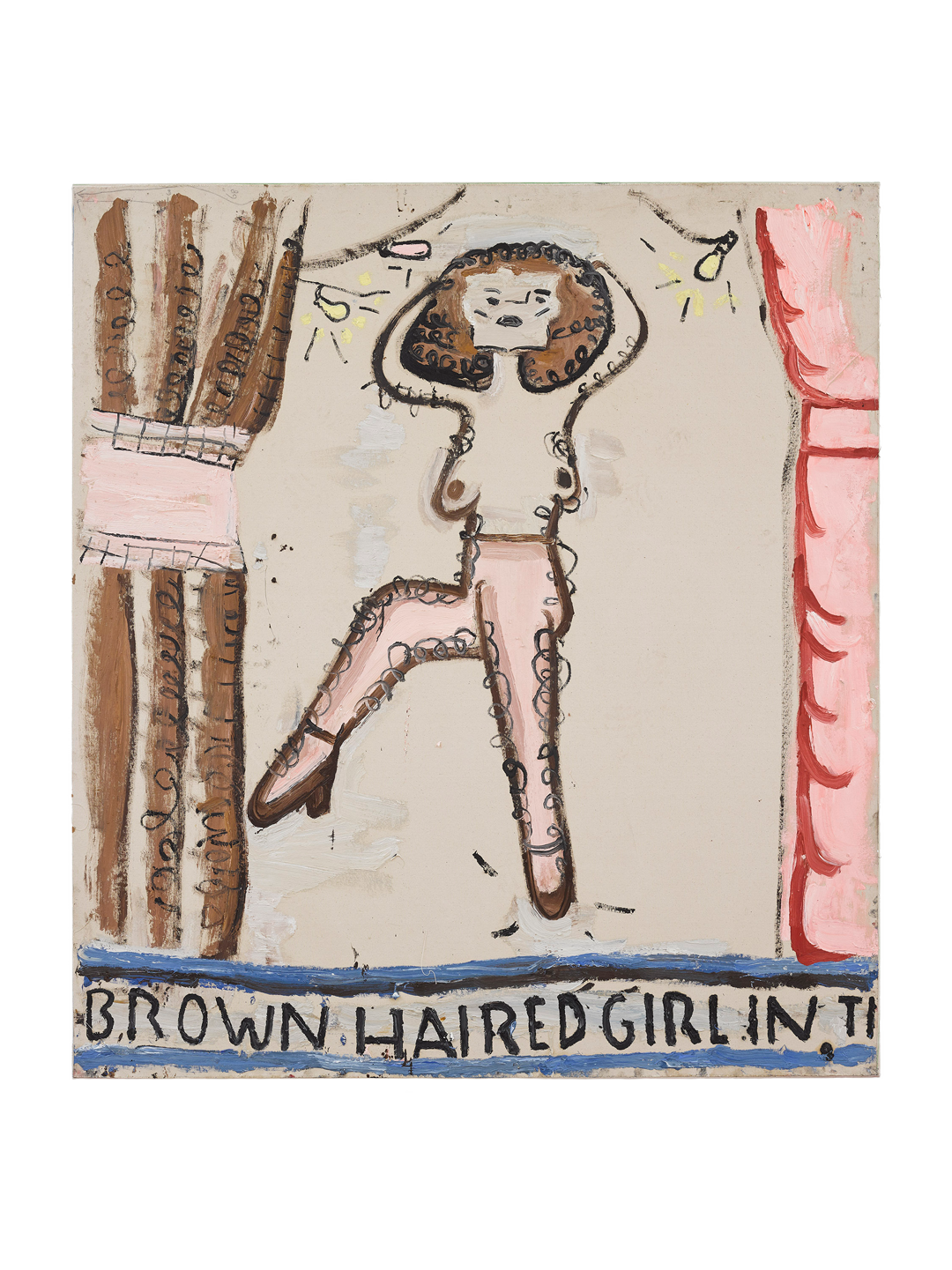 A painting by Rose Wylie titled Brown Haired Girl in Tights with Lights, dated 2019.