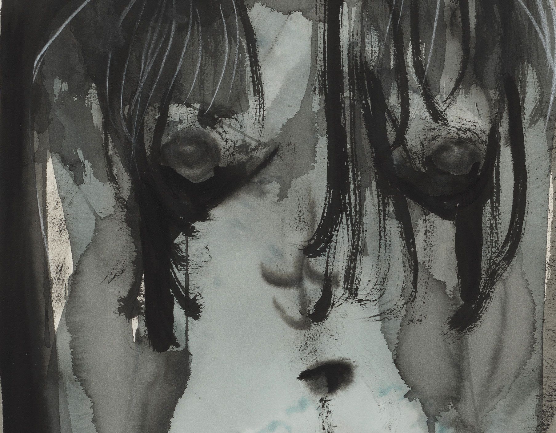 A detail of a work on paper by Marlene Dumas titled Transparent Magdalena (without head), dated 1996