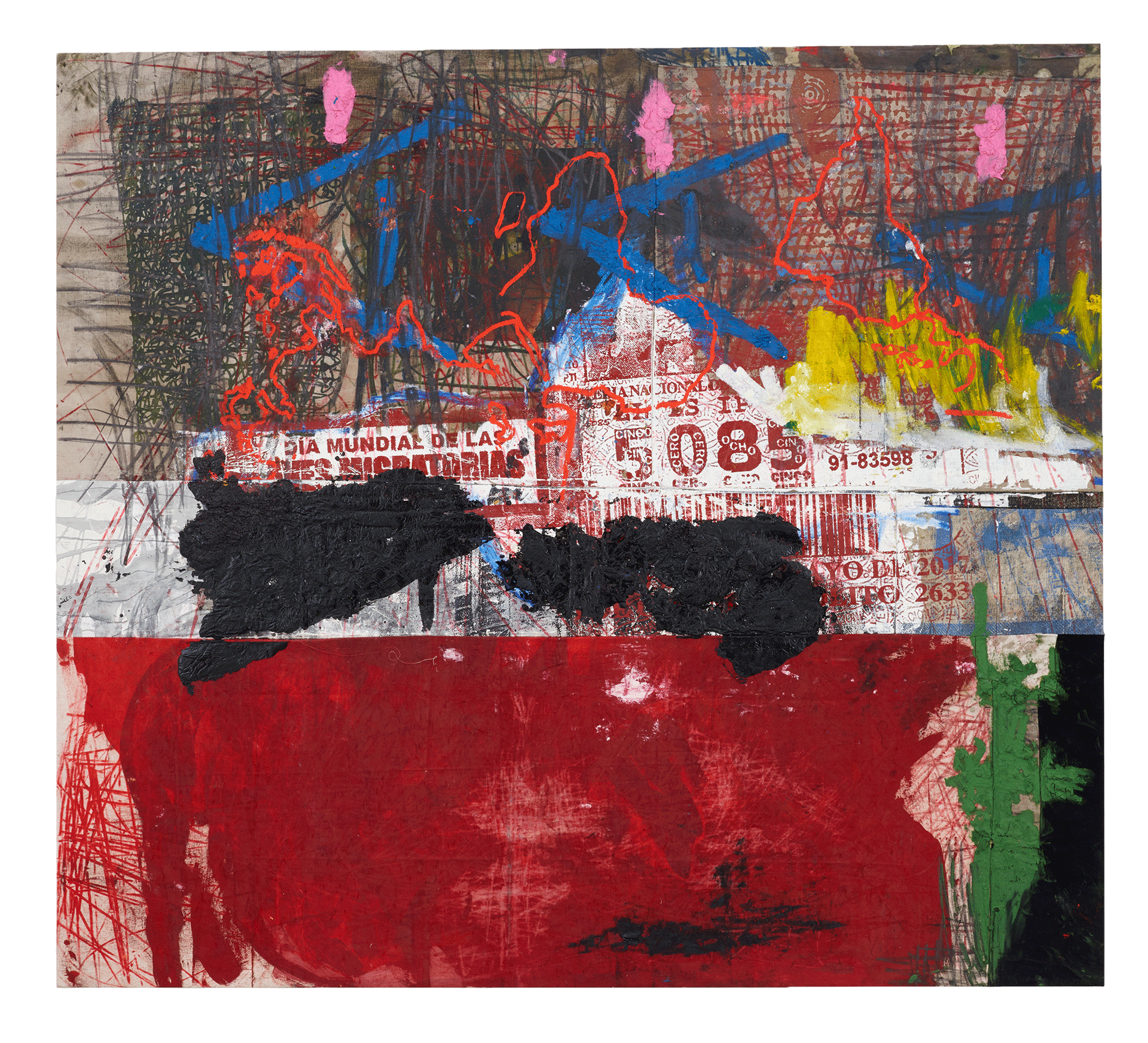 A painting by Oscar Murillo, titled geographical perplexity, dated 2016 to 2018.