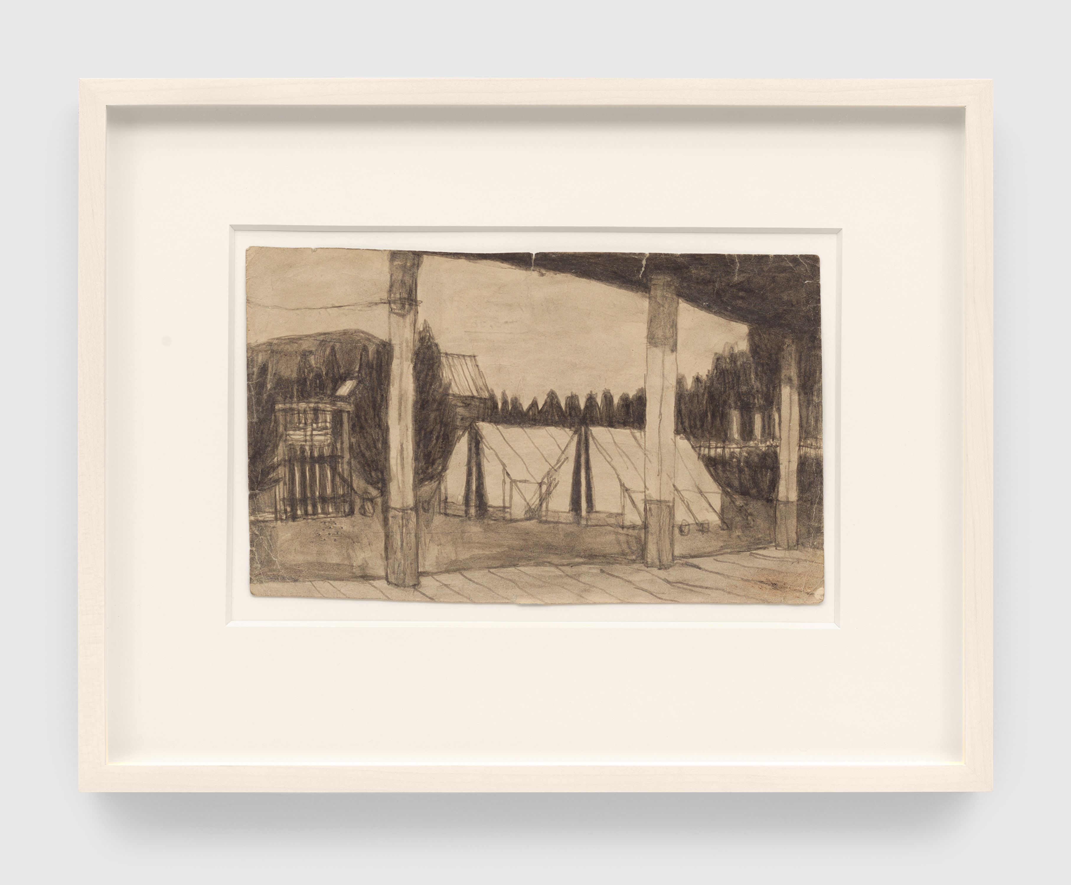 A mixed media artwork by James Castle, titled Untitled (farmscape, tents), n.d.