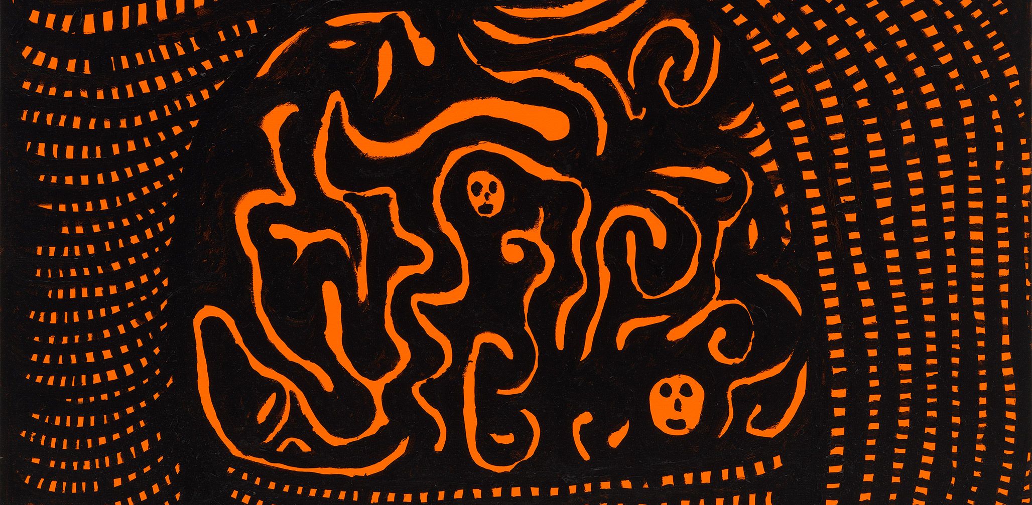 A detail from a painting by Yayoi Kusama, titled HUMANITYS FIERY SPIRIT IS MANIFEST AT CARNIVAL, LET US PRAY FOR PEACE AND, YES, IGNITE MORE FLAMES, dated 2020.