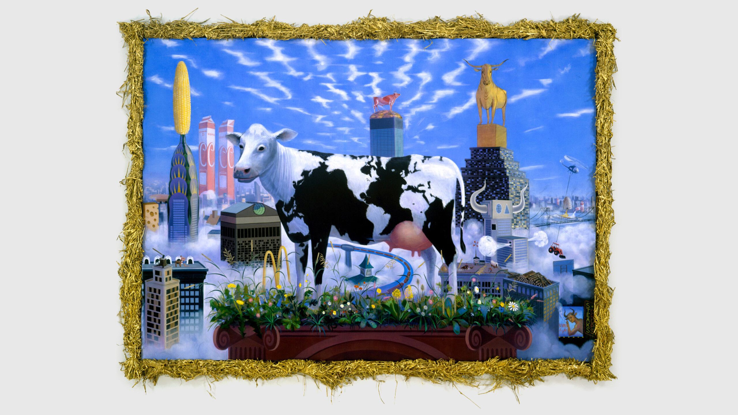 A painting by Frank Moore, titled Cow, dated 1996, part of a group of works commissioned by Gianni Versace