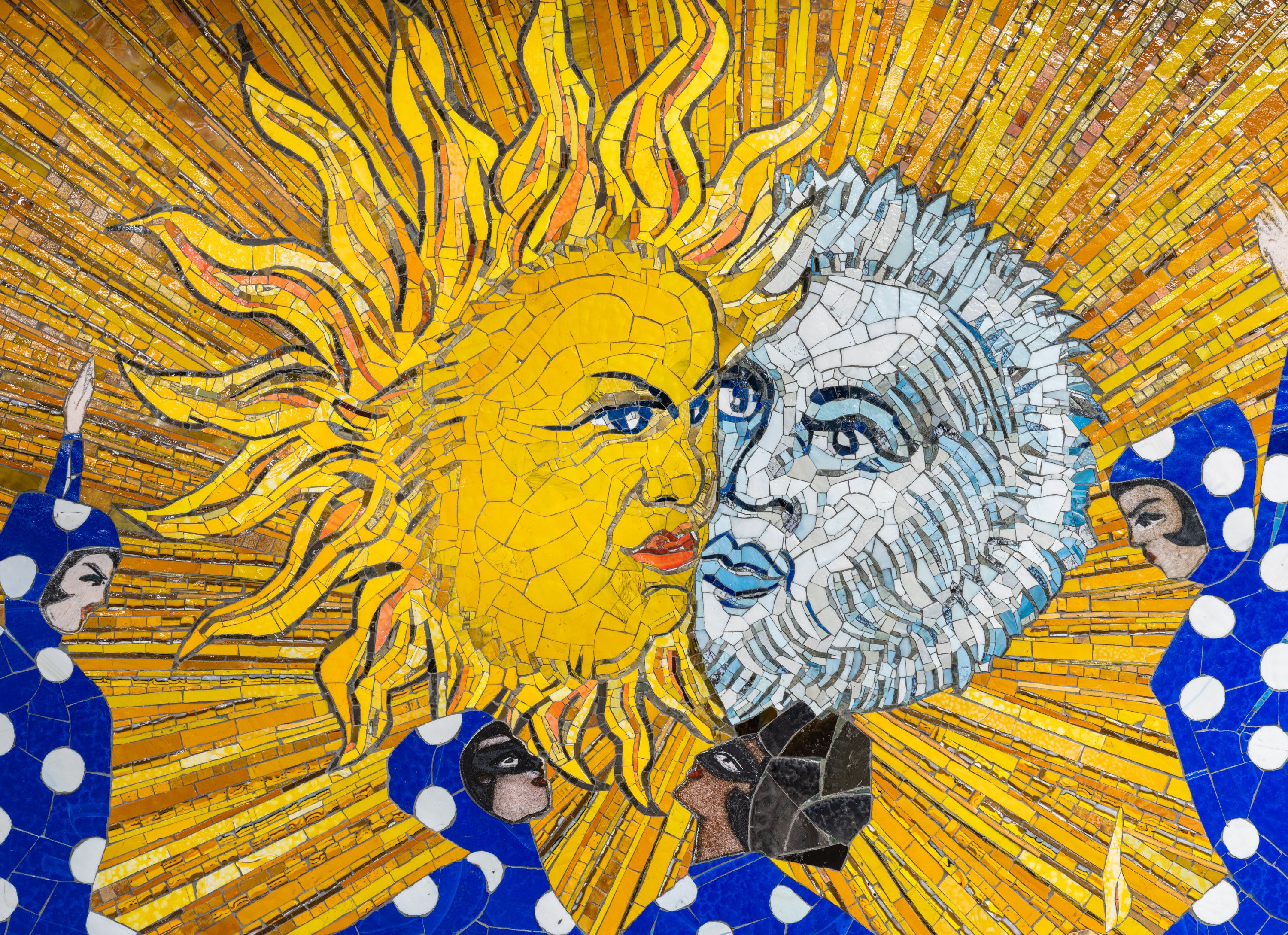 A close-up of a mosaic commissioned by the MTA called No Less Than Everything Comes Together, Marcel Dzama, 2021.