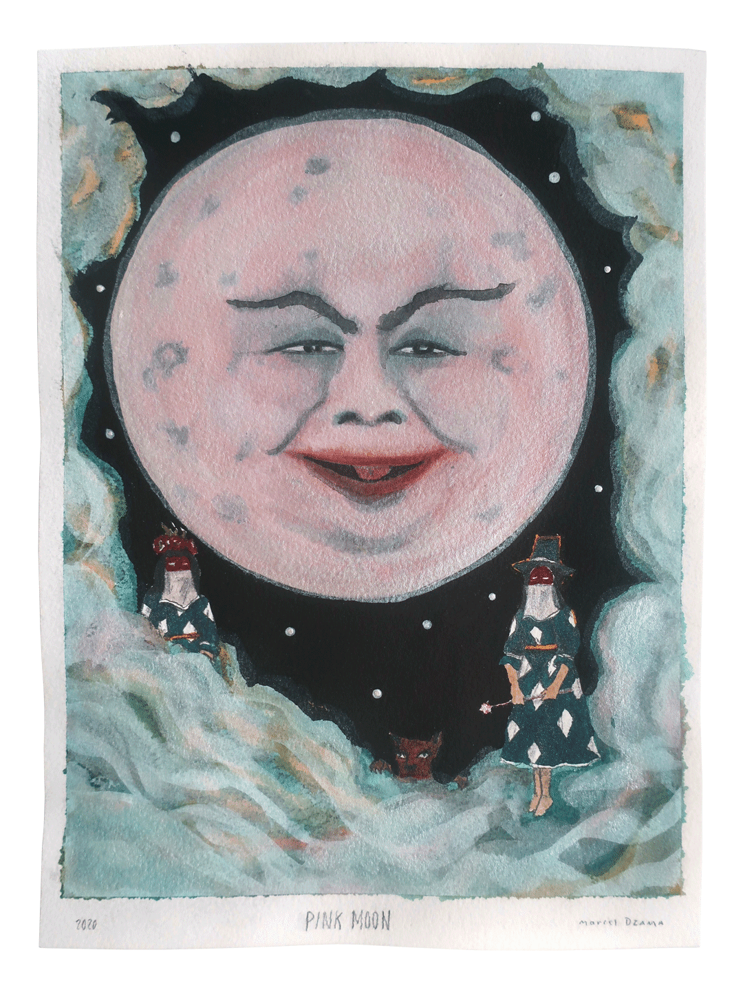 A work on paper by Marcel Dzama titled Pink Moon, dated 2020.