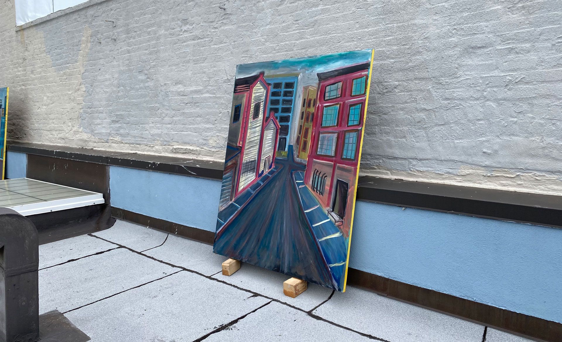An installation view of the exhibition titled Josh Smith: High As Fuck on the artist's studio roof in Brooklyn, New York, dated 2020.