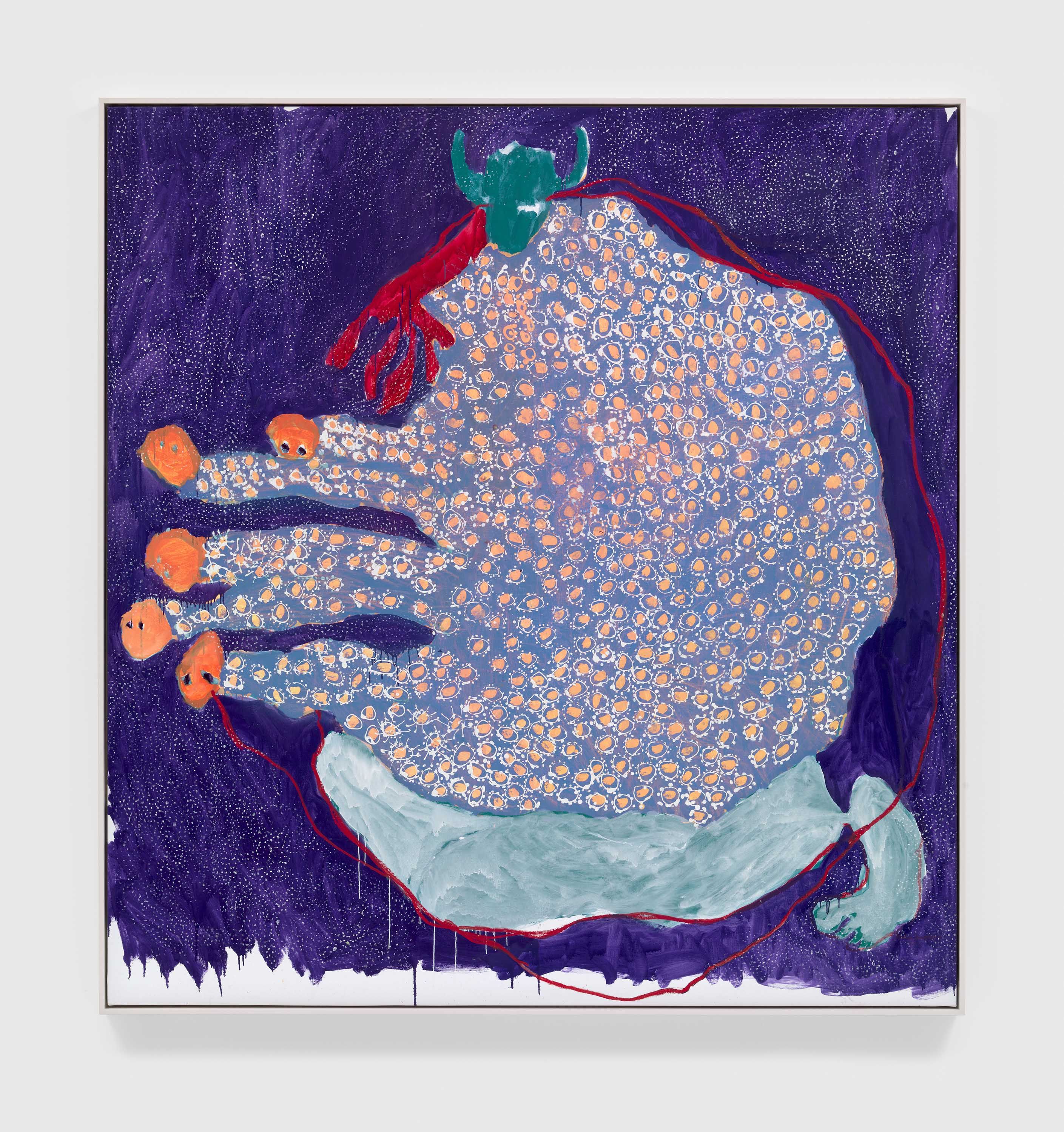 An oil based printing ink and oil bar on linen artwork by Portia Zvavahera, titled Whose hand?, dated 2021.