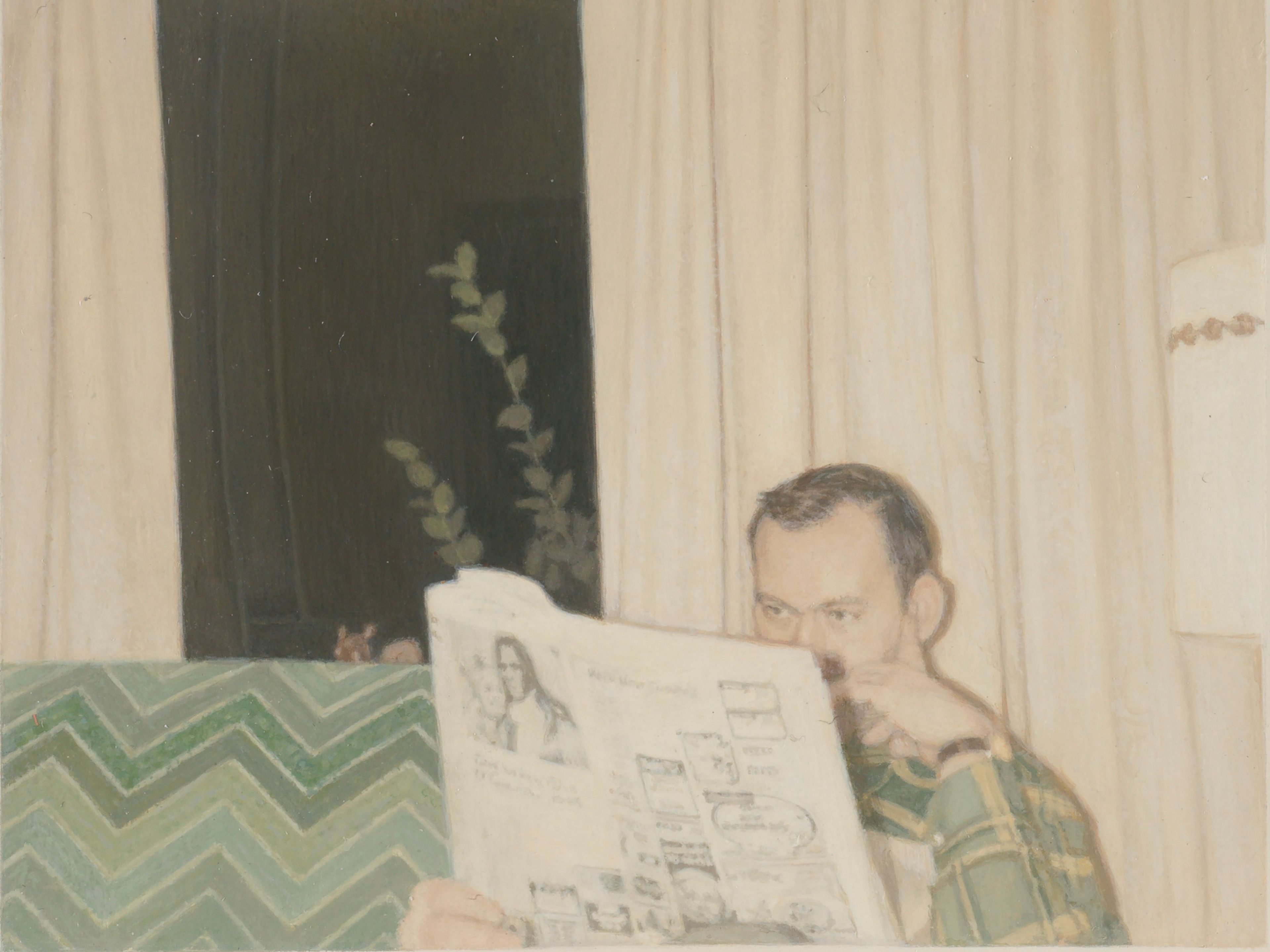 A detail from a painting by Elisheva Biernoff, titled January, 1969, dated 2025.