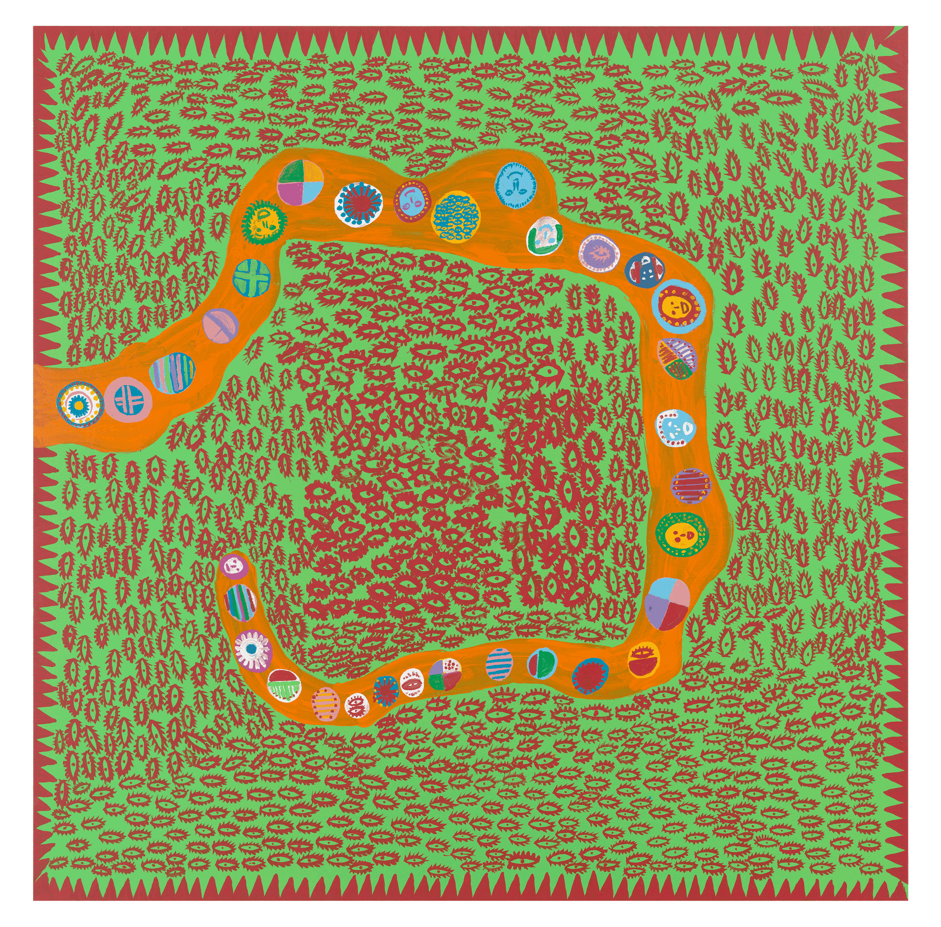 A painting by Yayoi Kusama, titled SEARCHING FOR LOVE, dated 2013. 