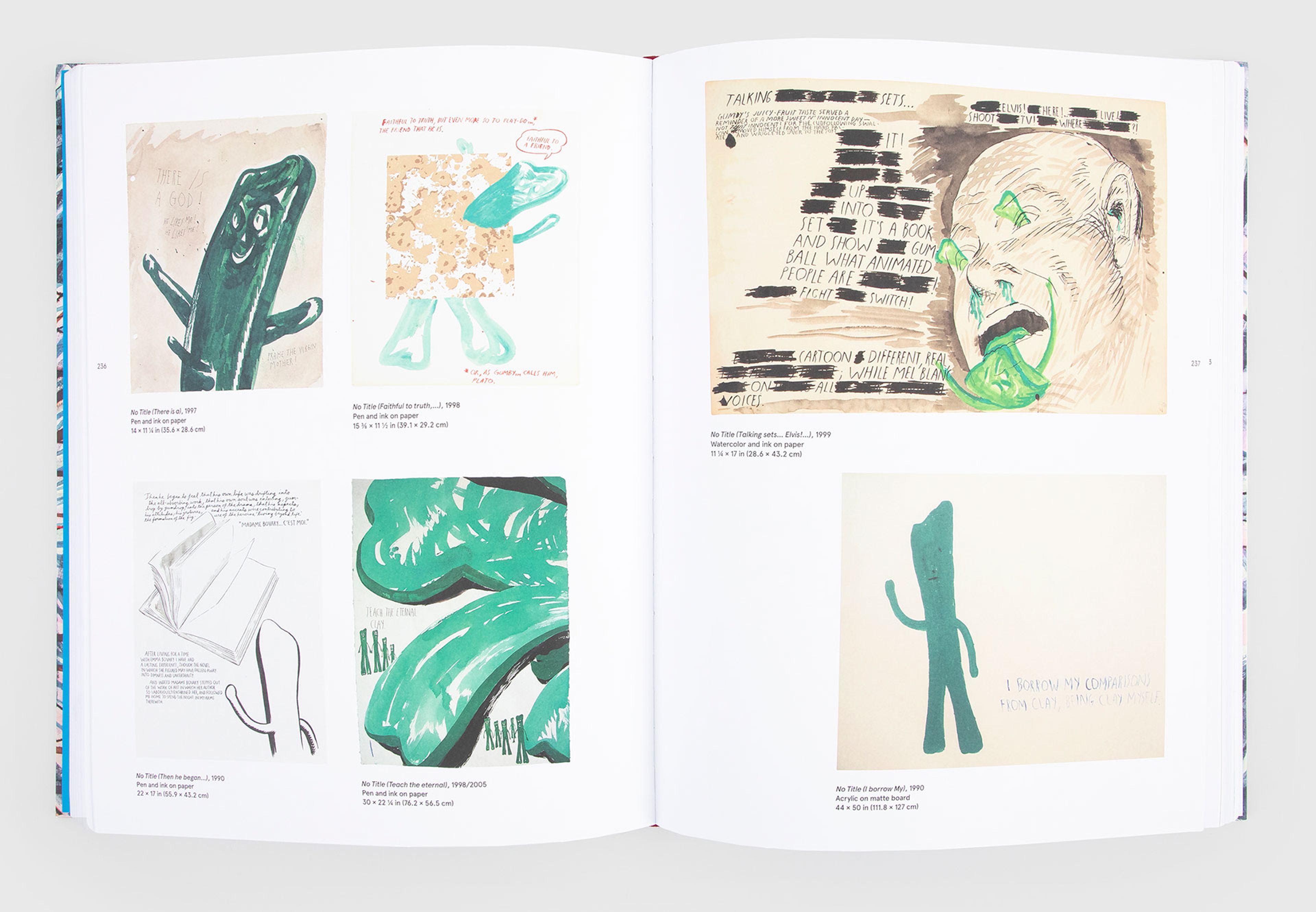 A spread from a book, titled Raymond Pettibon A Pen of All Work.