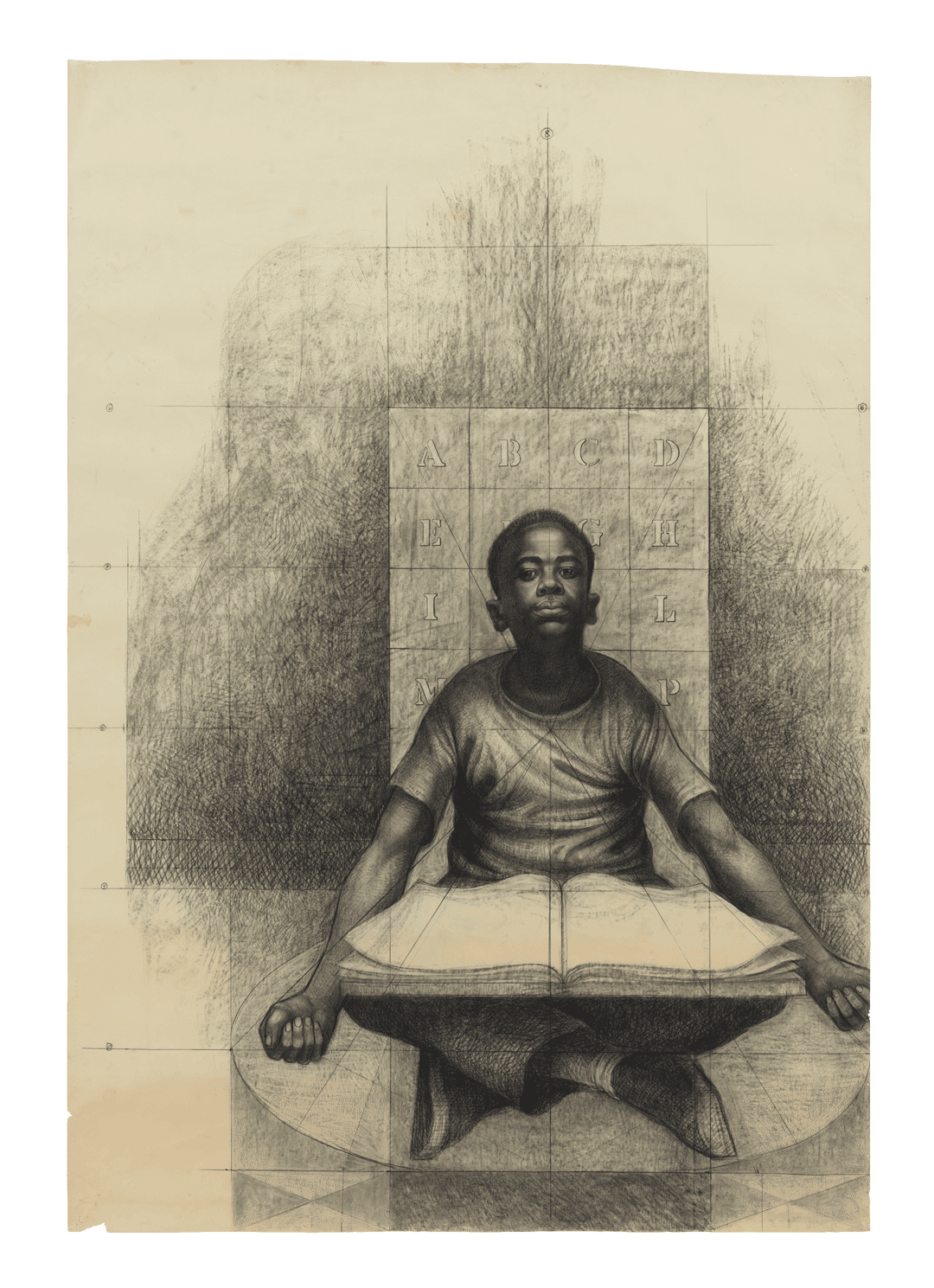 A mixed media drawing on paper by Charles White, titled Seated Child with Book, dated 1977.