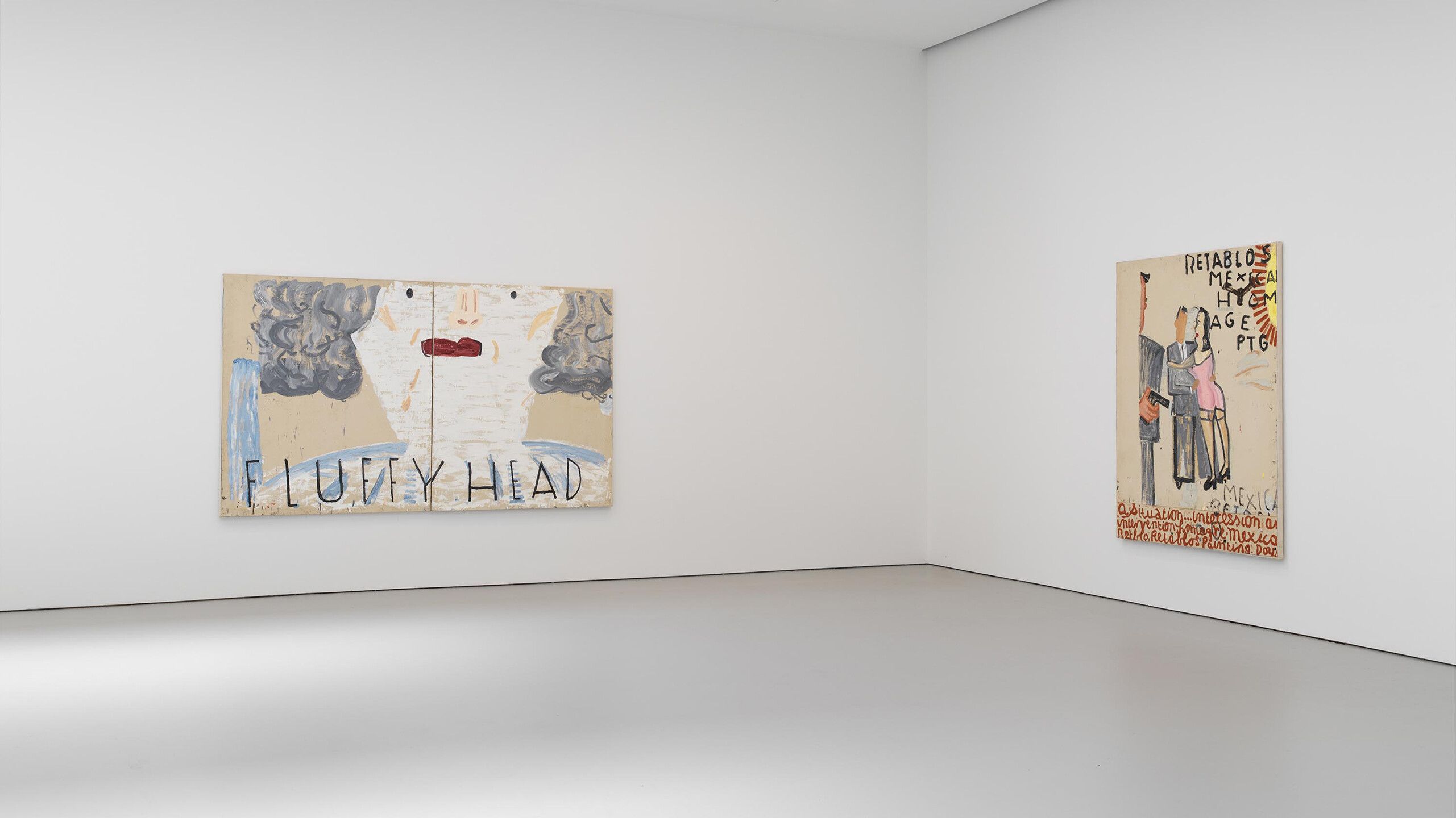 An installation view of an exhibition title Rose Wylie: Which One at David Zwirner, New York, in 2021.