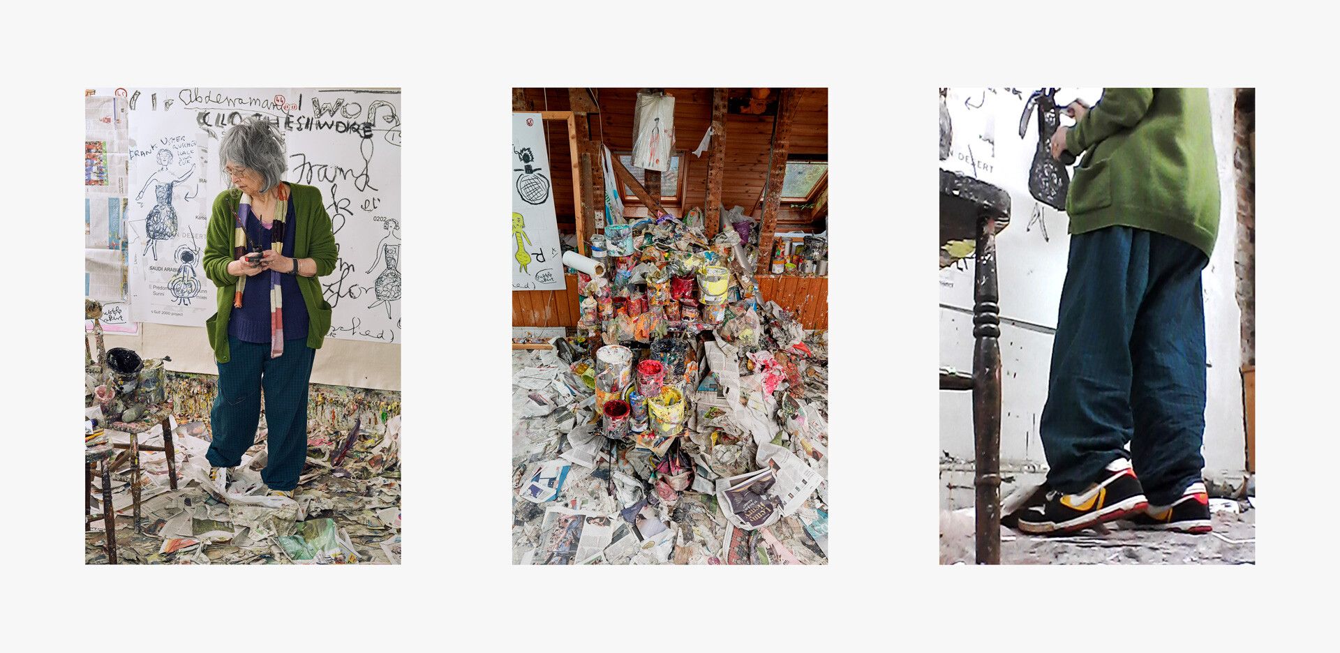 A composite featuring images of Rose Wylie in her studio, dated 2019