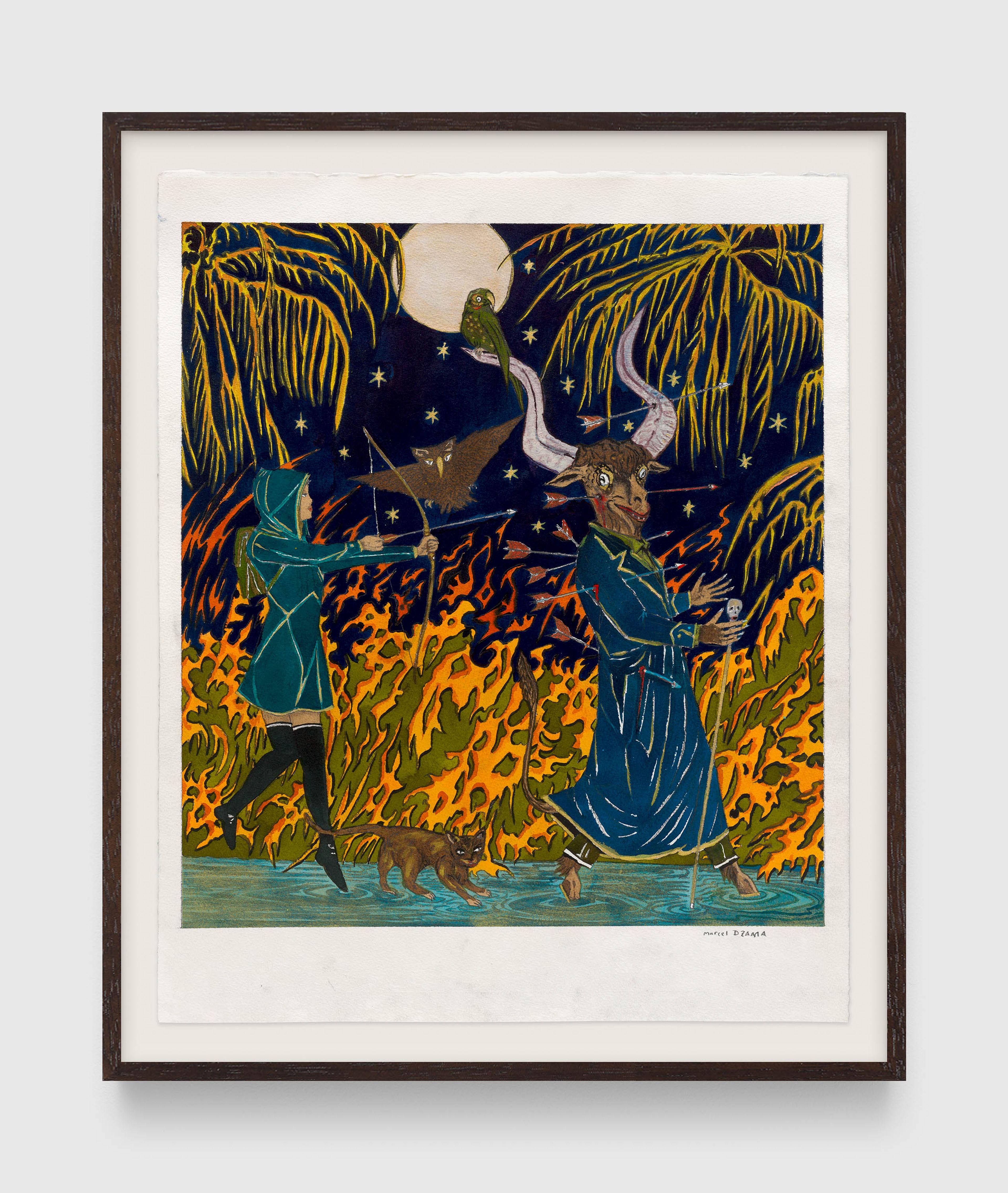 A work on paper by Marcel Dzama, titled Throwing stones at the darkness, dated 2024 to 2025.