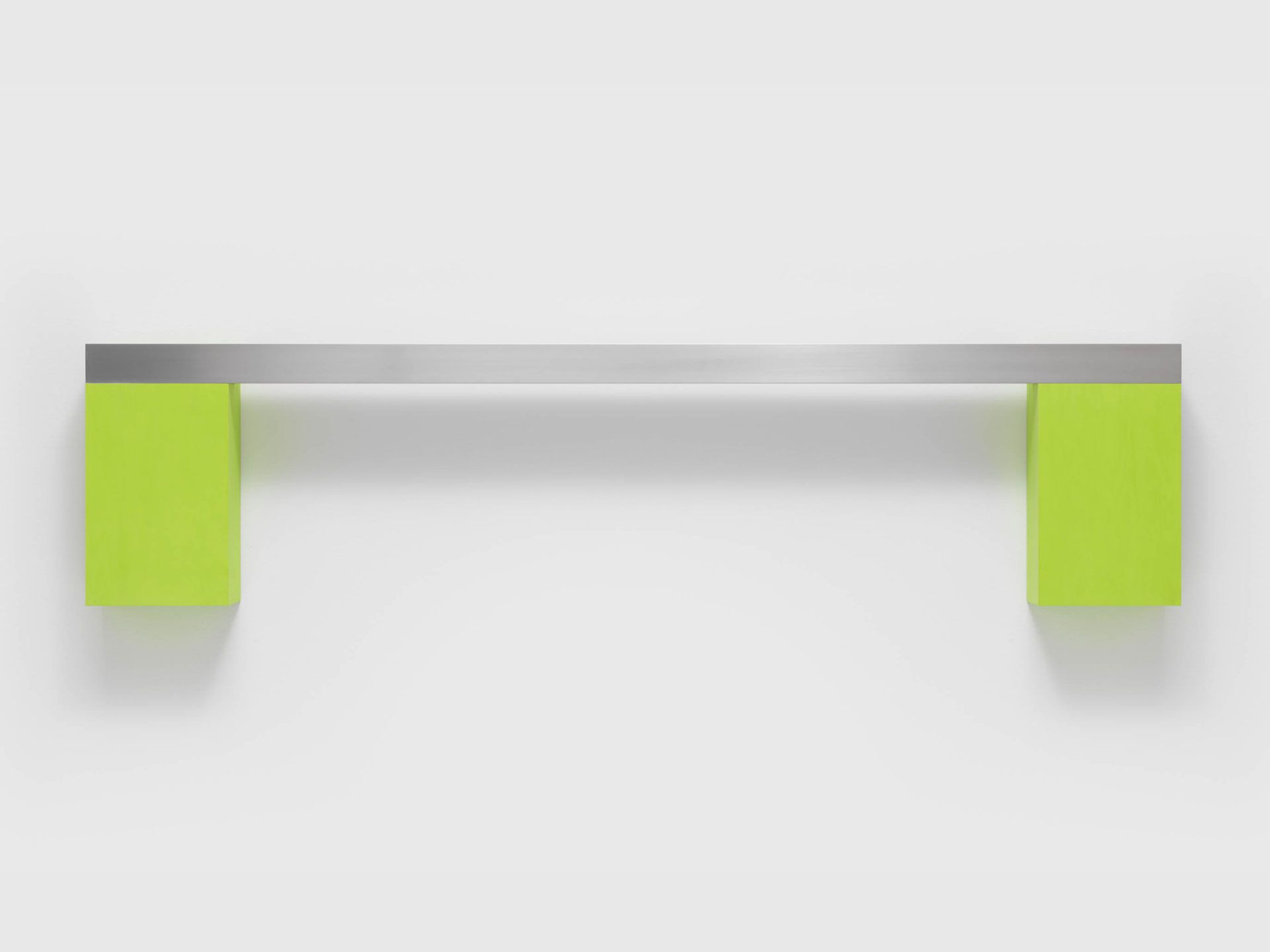 An untitled chartreuse acrylic on plywood with square aluminum tube sculpture by Donald Judd, dated 1986.