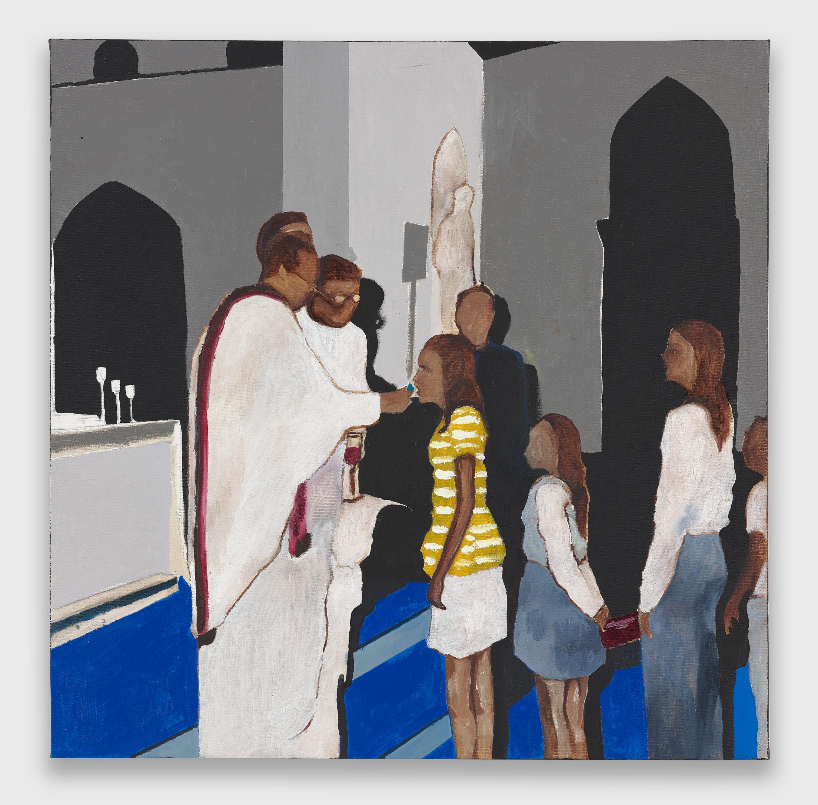 An oil and acrylic on canvas artwork by Noah Davis, titled Brown Catholics Eating Blue Hearts, dated 2008.