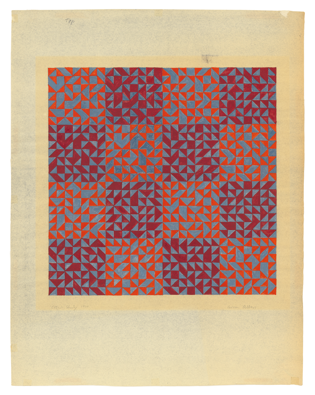 A gouache and diazotype work on paper by Anni Albers, titled Color Study (Blue and Reds), dated 1970.