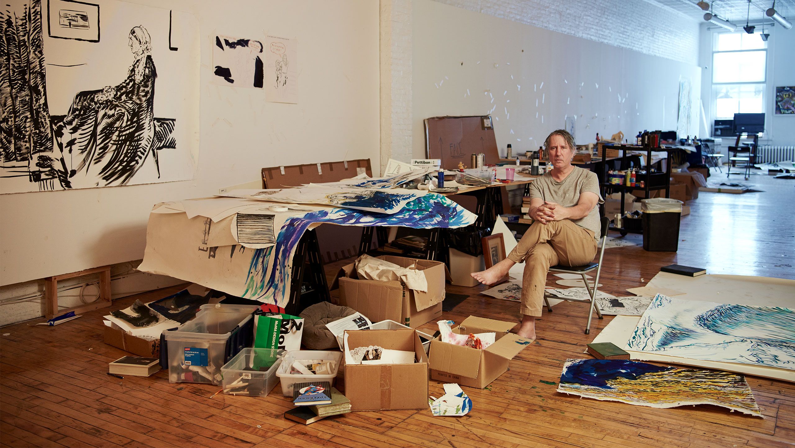 Raymond Pettibon in his SoHo studio, New York, dated 2017.