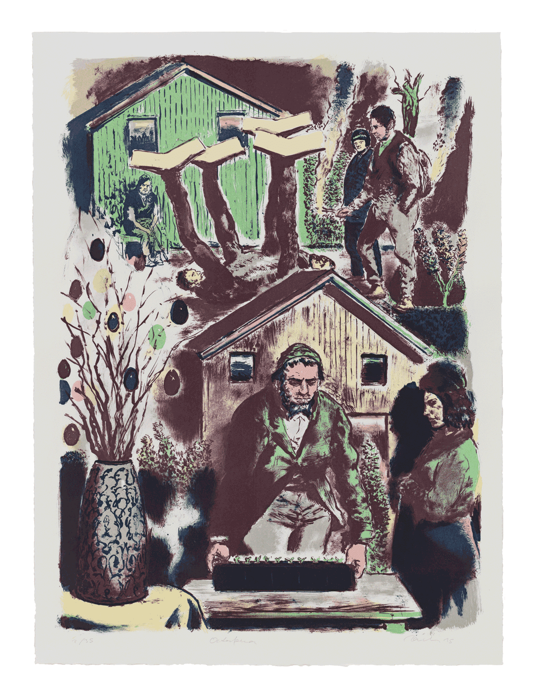 A print by Neo Rauch titled Osterfeuer, dated 2015