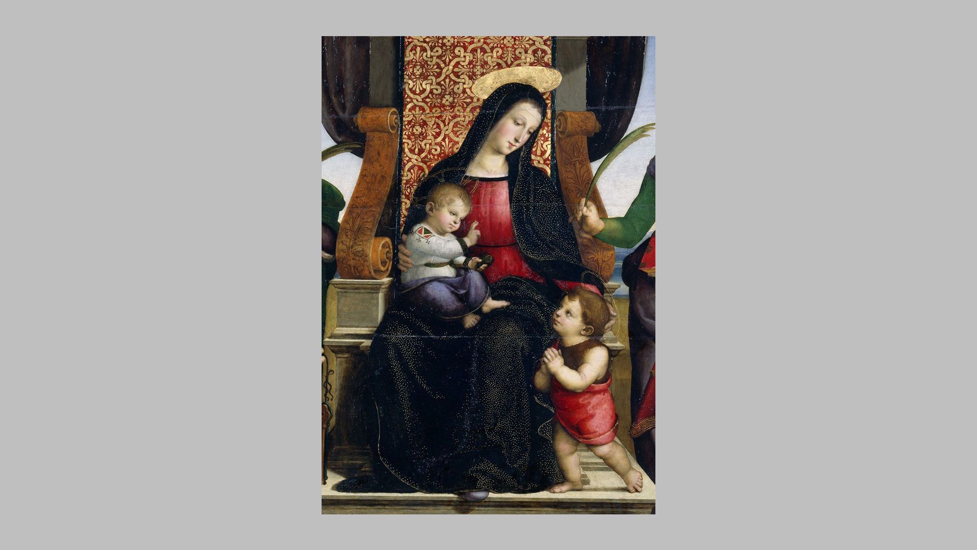A detail from painting by Raphael, titled Madonna and Child Enthroned with Saints, dated ca. 1504.