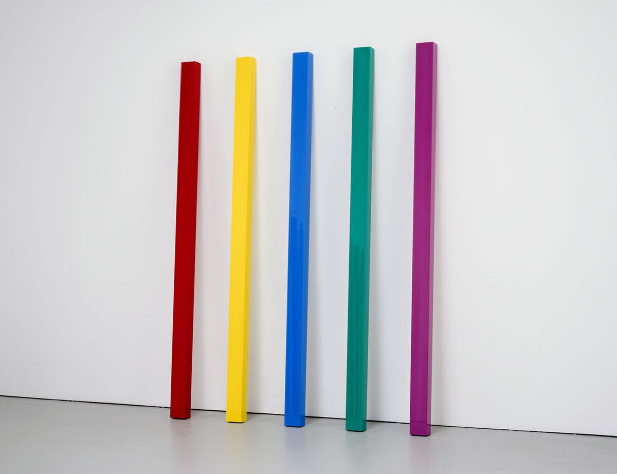 A mixed media sculpture in five parts by John McCracken, titled Flare, dated 2008.