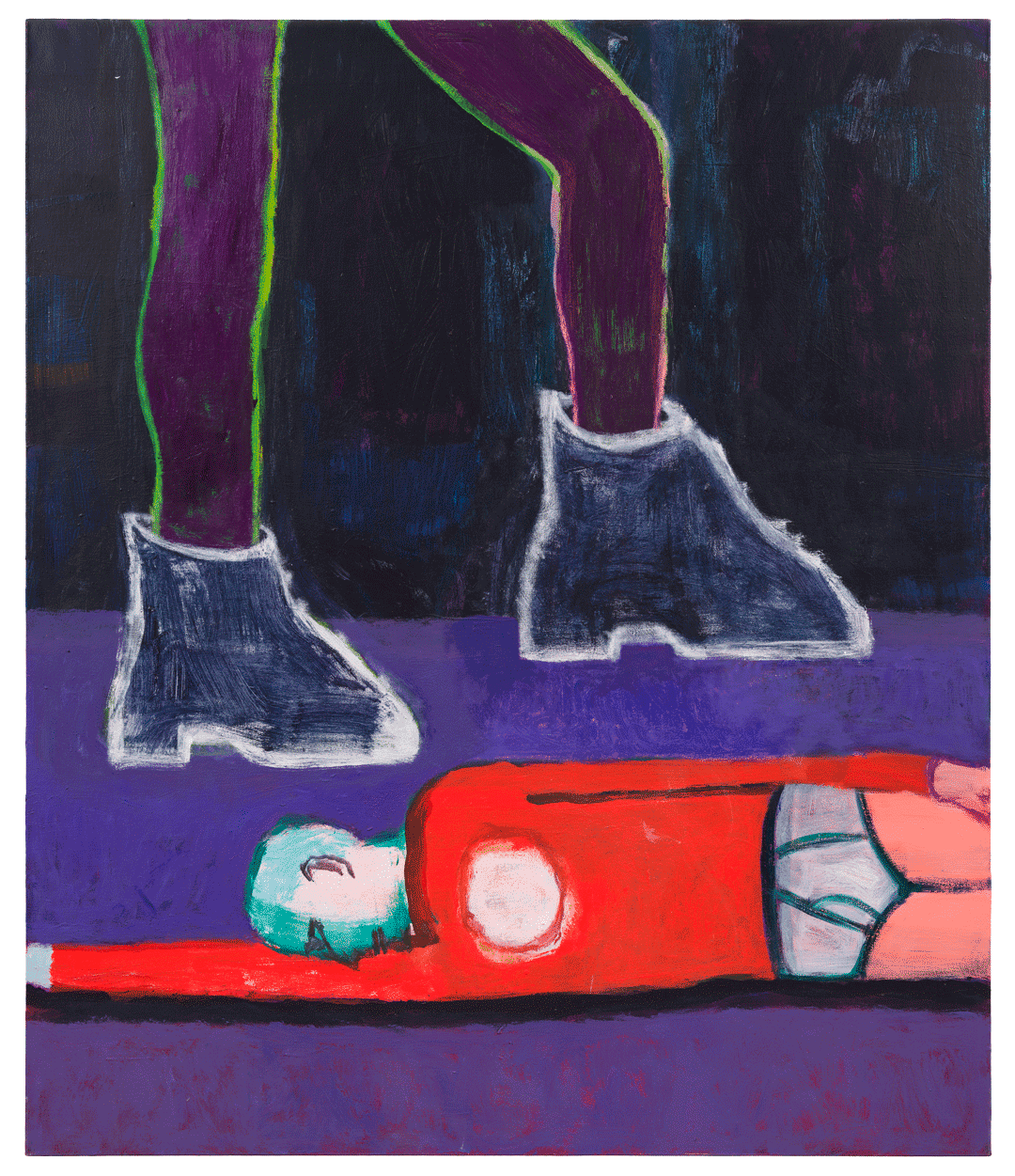 A painting by Katherine Bradford, titled Big Boots , dated 2019.