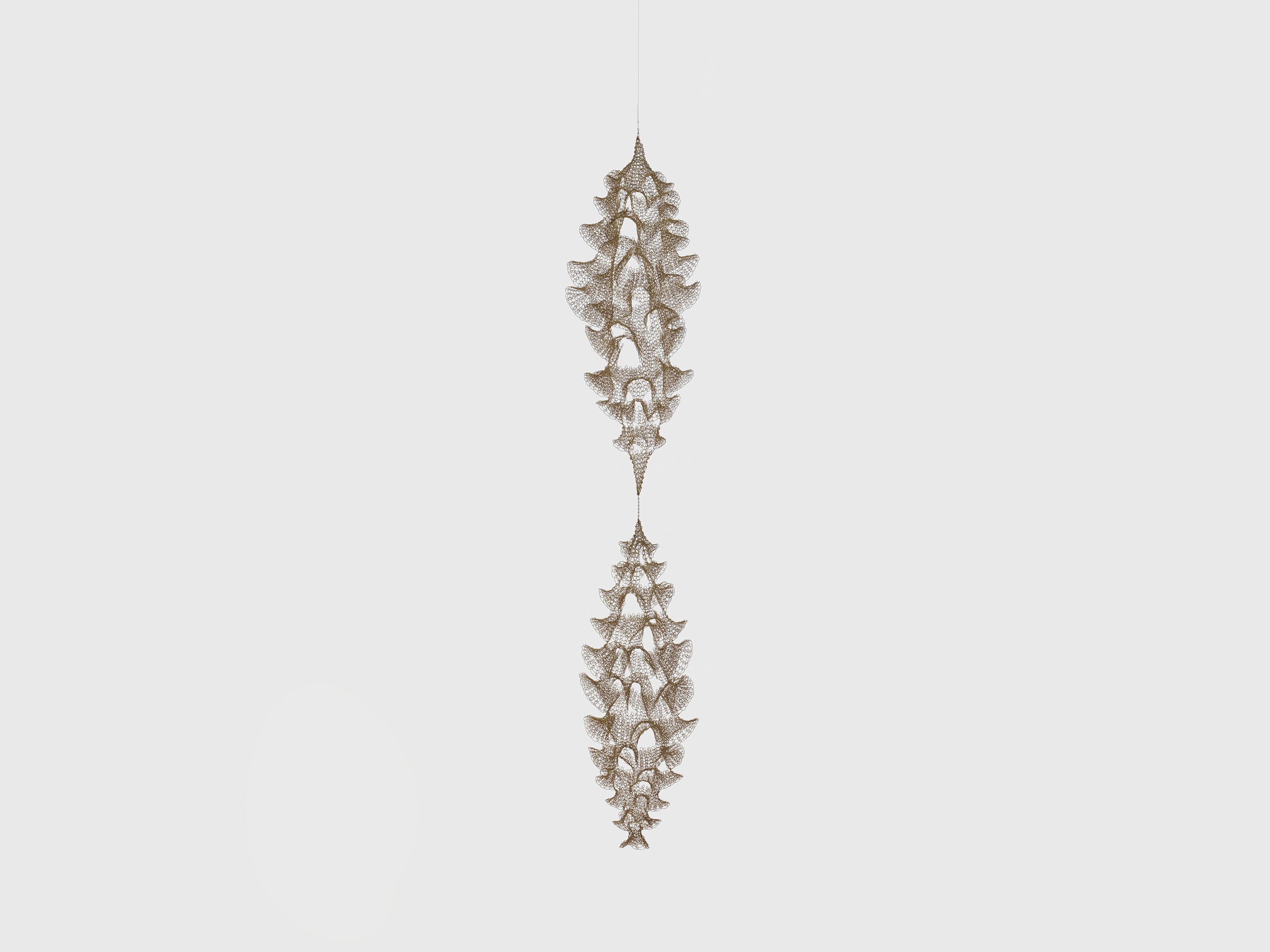 A hanging sculpture—brass wire artwork by Ruth Asawa, titled Untitled (S.302, Hanging Two-Section, Open-Window Form), circa 1954.