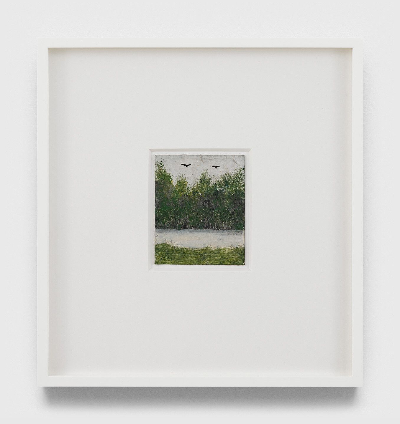 An undated oil painting on Polaroid film cartridge box by Frank Walter, titled Untitled (Scotland with white river and trees and two birds in flight). 