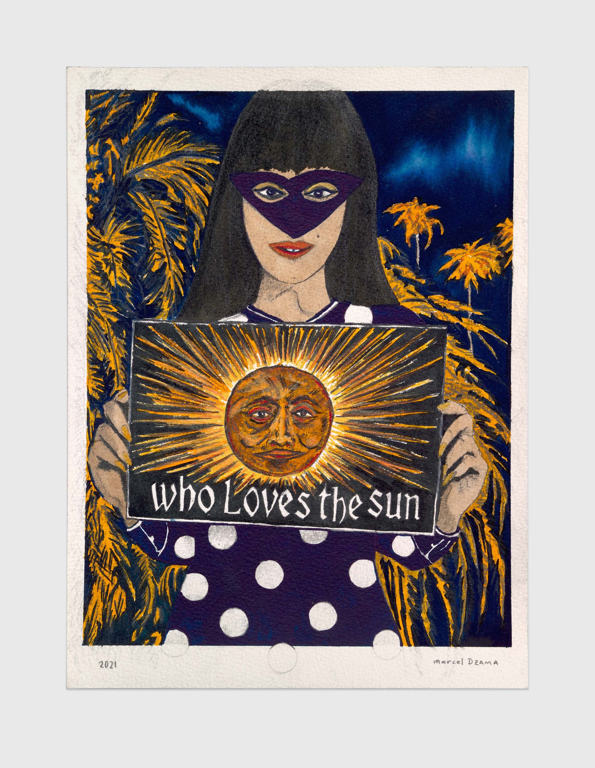 A mixed media artwork by Marcel Dzama, titled Everyone loves the sun..., dated 2021. 